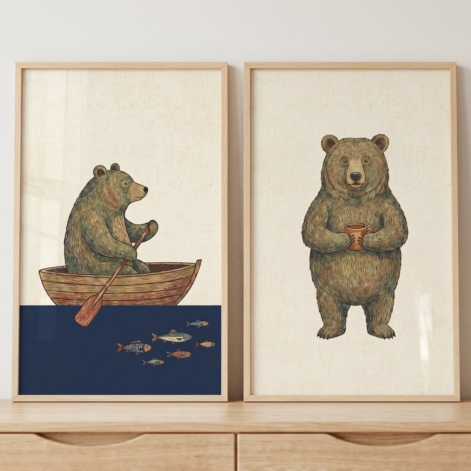 Vintage storybook brown bear wall art set of 2 with one bear rowing a boat and another bear holding a warm mug.