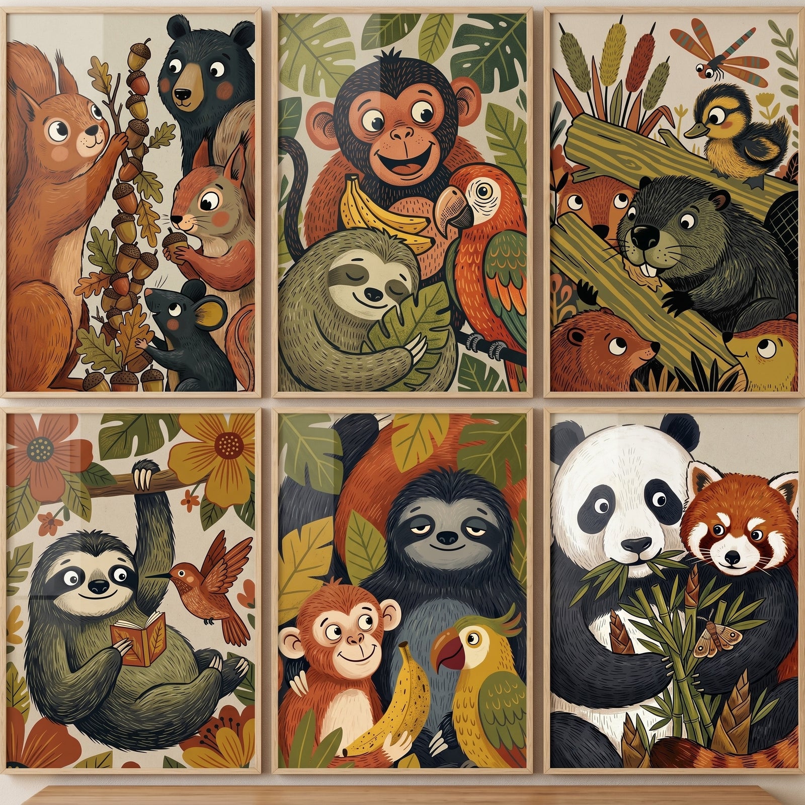 Vintage storybook forest animals wall art set of 6 with monkeys, sloths, pandas, and bears in colorful forest scenes.