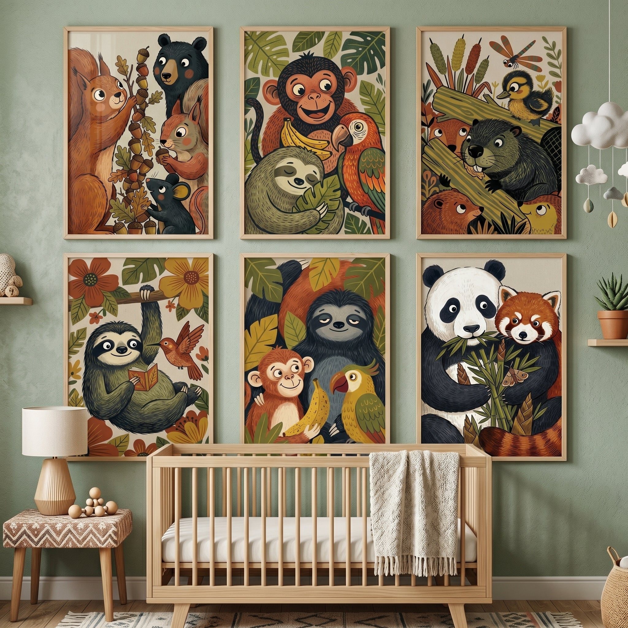 Vintage Storybook Forest Animals Wall Art Set of 6 - Whimsical Animal Pals