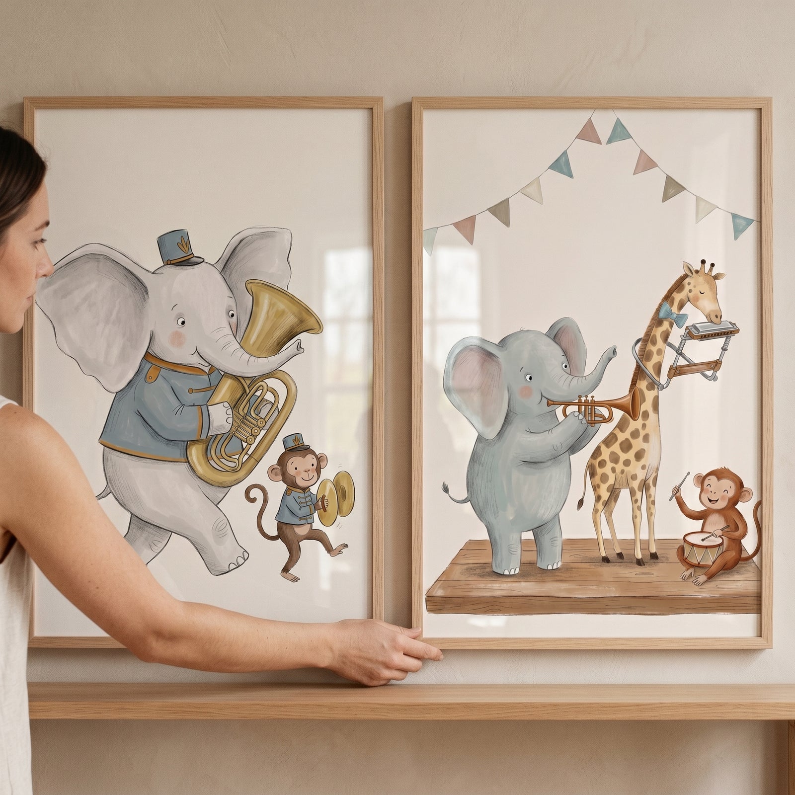Vintage storybook musical animal wall art set of 2 with whimsical elephants, a giraffe, and monkeys playing instruments.