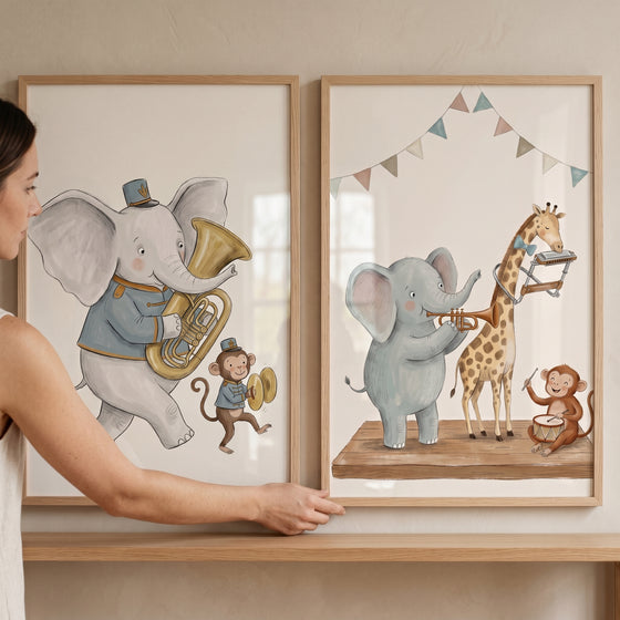 Vintage storybook musical animal wall art set of 2 with whimsical elephants, a giraffe, and monkeys playing instruments.