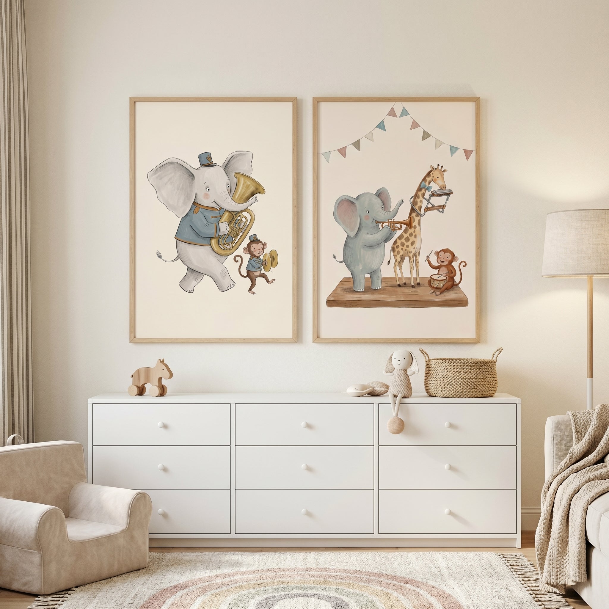 Vintage Storybook Musical Animal Wall Art Set Of 2 - Musical Jungle Parade