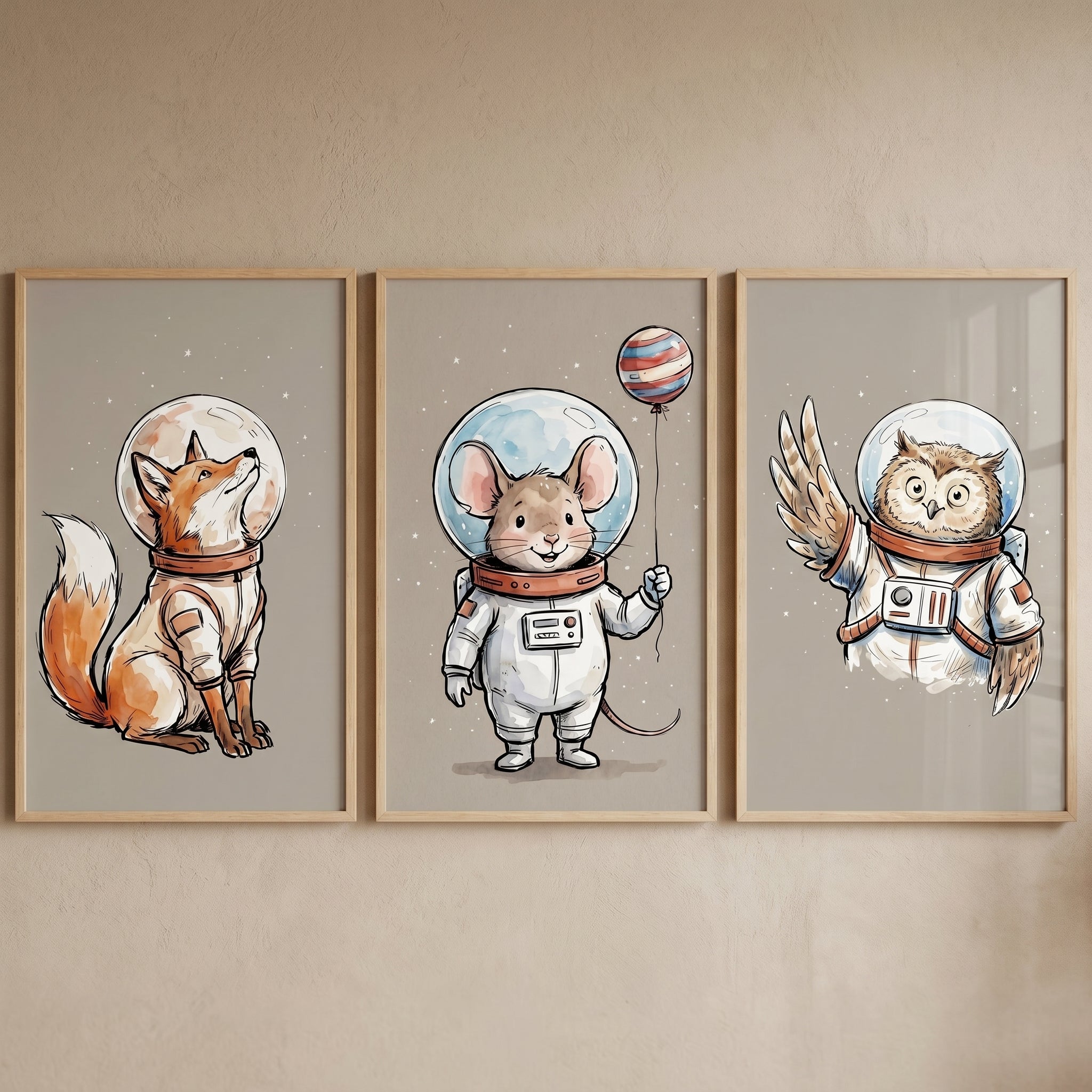 Vintage Storybook Space Animal Wall Art Set of 3 - Stellar Animal Squad
