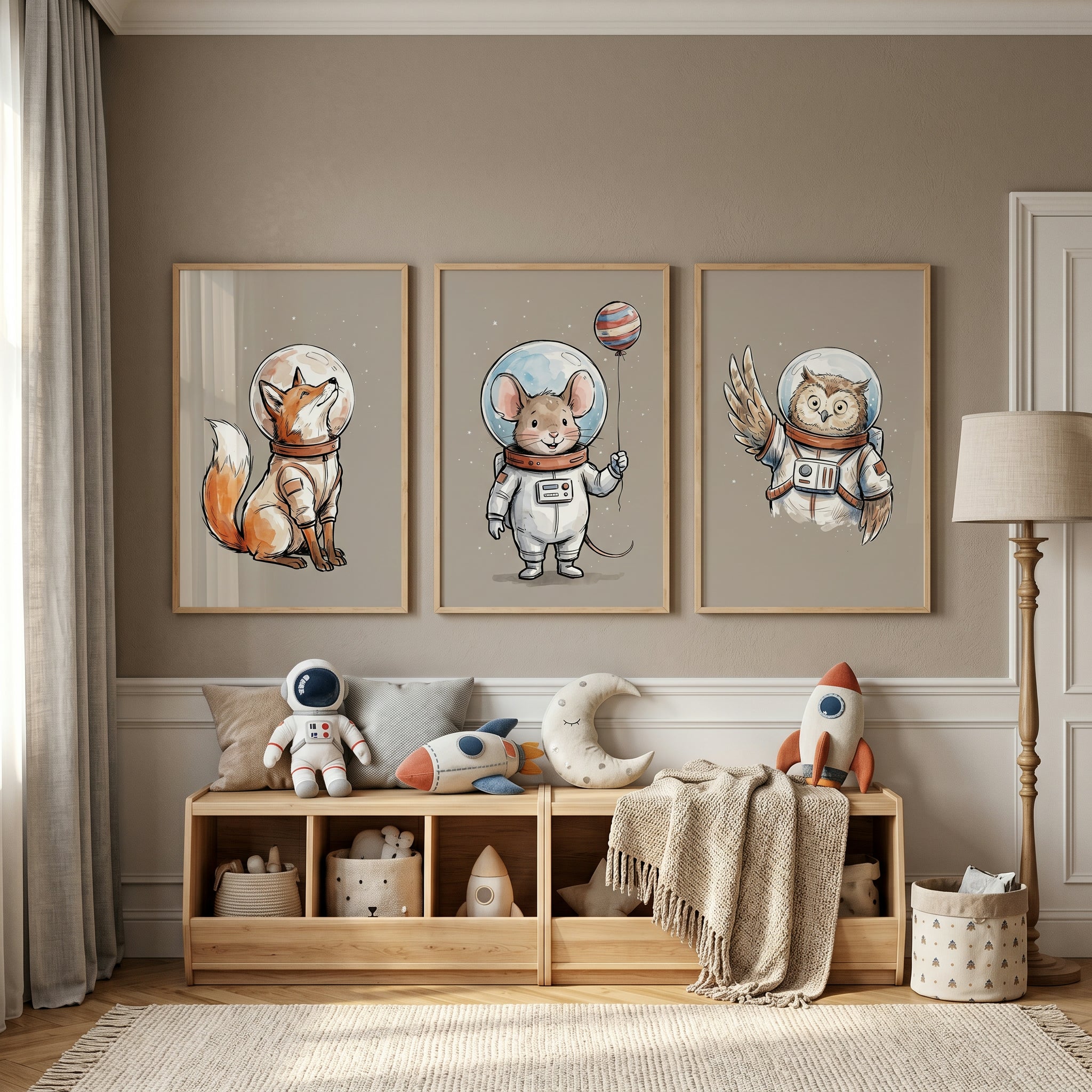 Vintage Storybook Space Animal Wall Art Set of 3 - Stellar Animal Squad