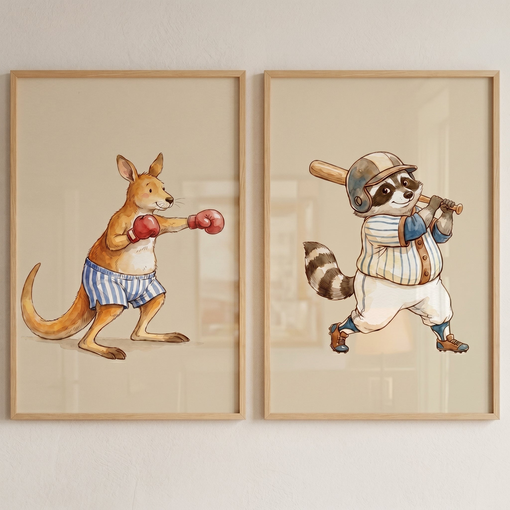 Vintage Storybook Sports Animals Wall Art Set of 2 - Sporty Animal Pals