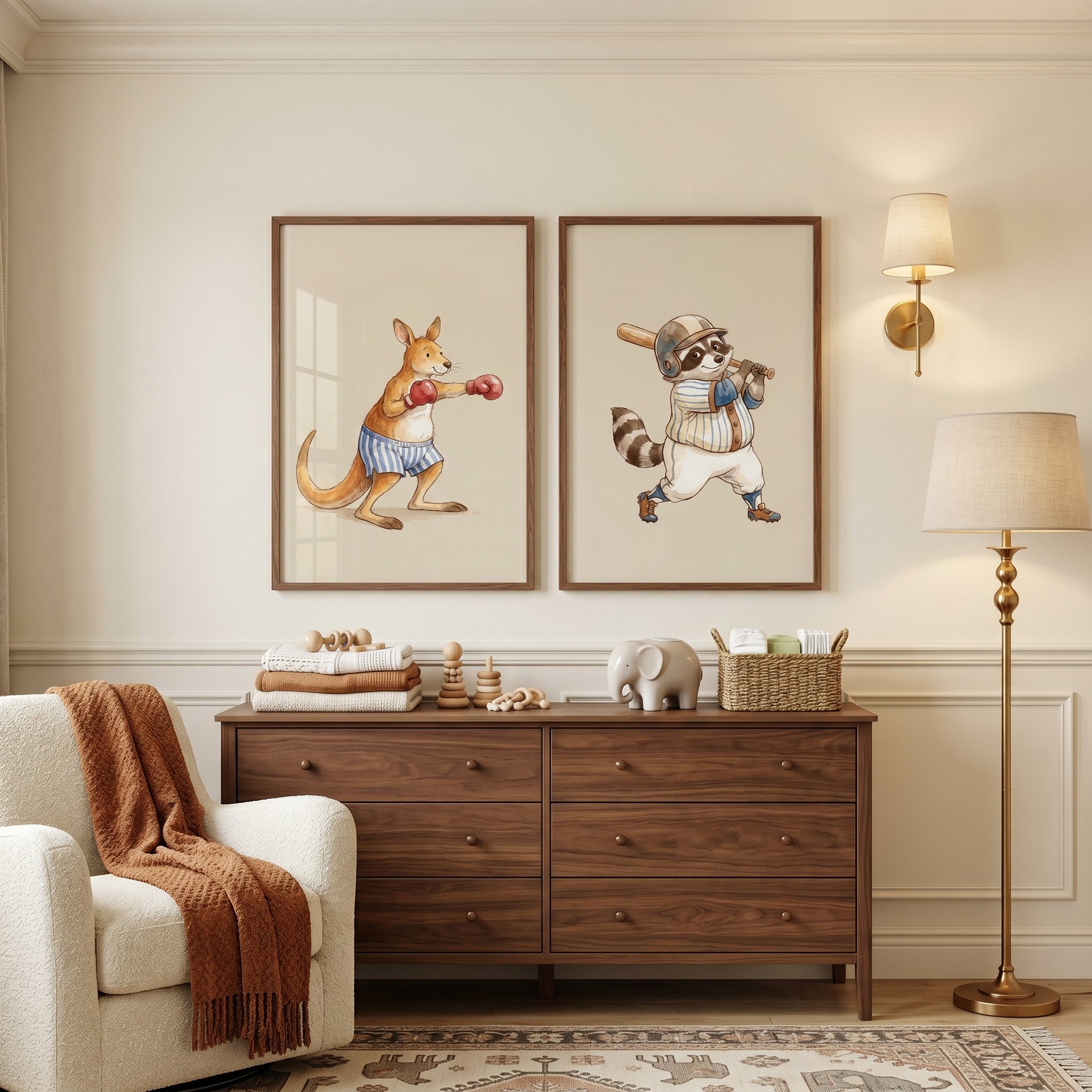 Vintage Storybook Sports Animals Wall Art Set of 2 - Sporty Animal Pals