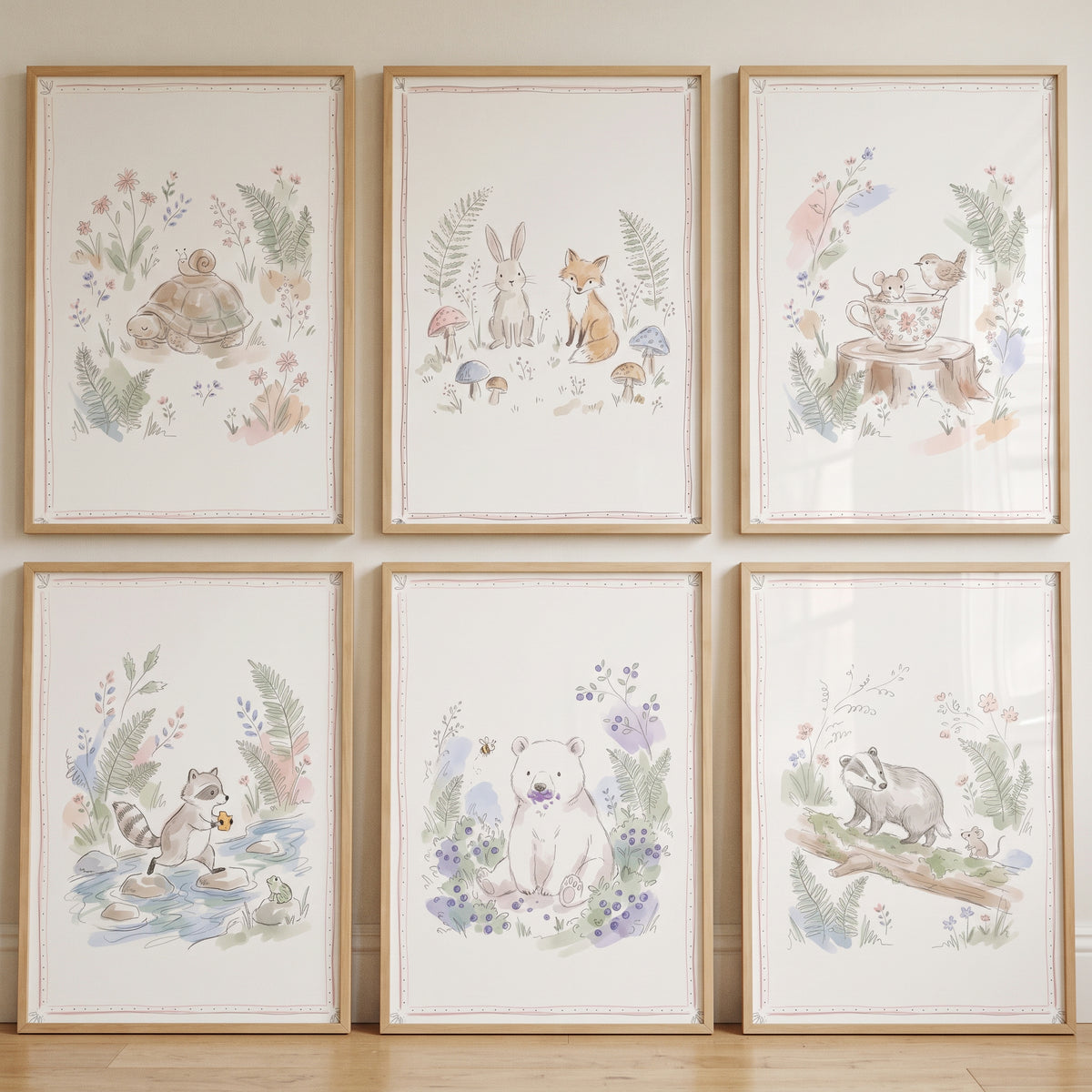 Vintage Storybook Woodland Animal Wall Art Set of 6 - Sweet Forest Friends