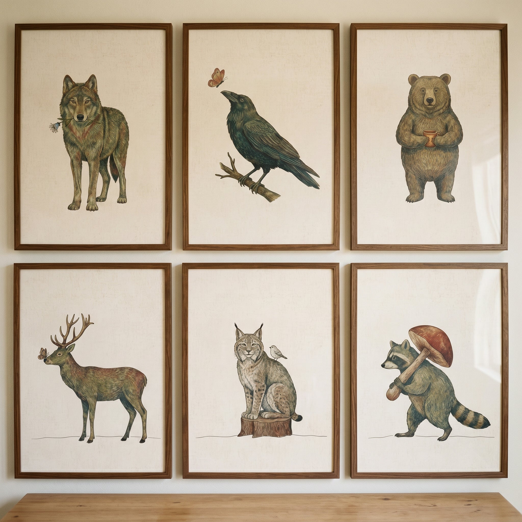 Vintage Storybook Woodland Animals Wall Art Set of 6 - Whimsical Forest Friends