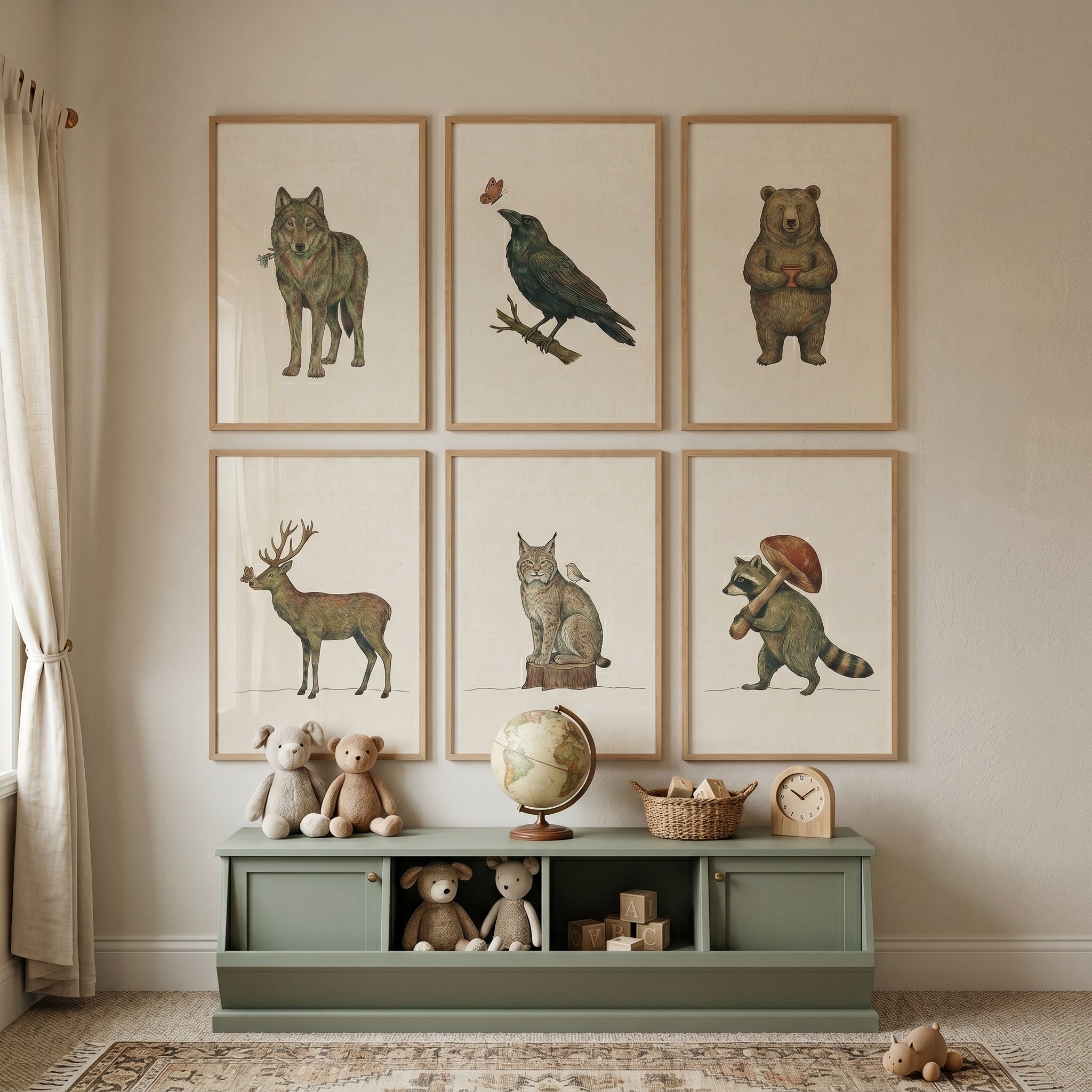 Vintage Storybook Woodland Animals Wall Art Set of 6 - Whimsical Forest Friends