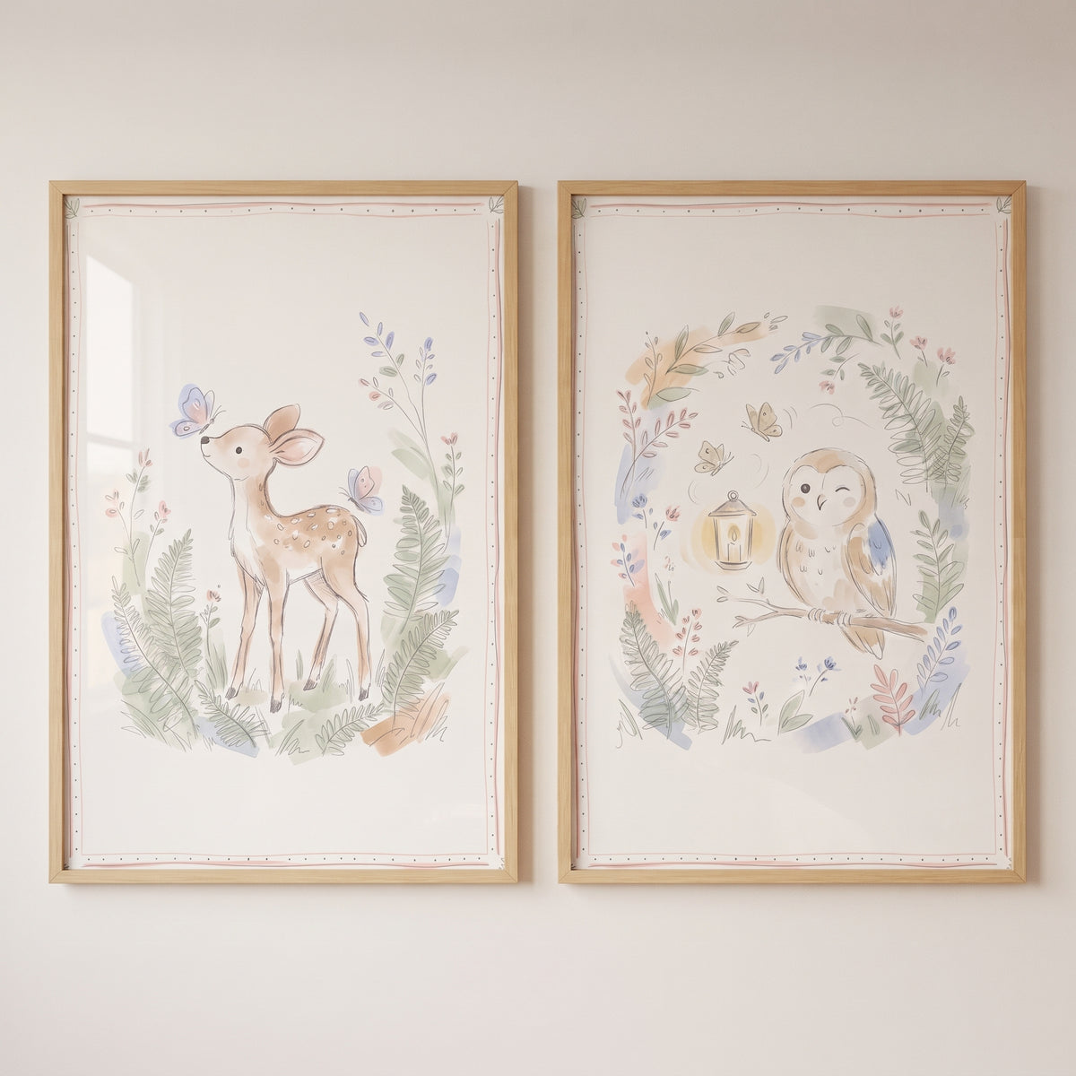 Deer and owl vintage storybook woodland creature wall art set of 2 with butterflies and a lantern in wood frames.