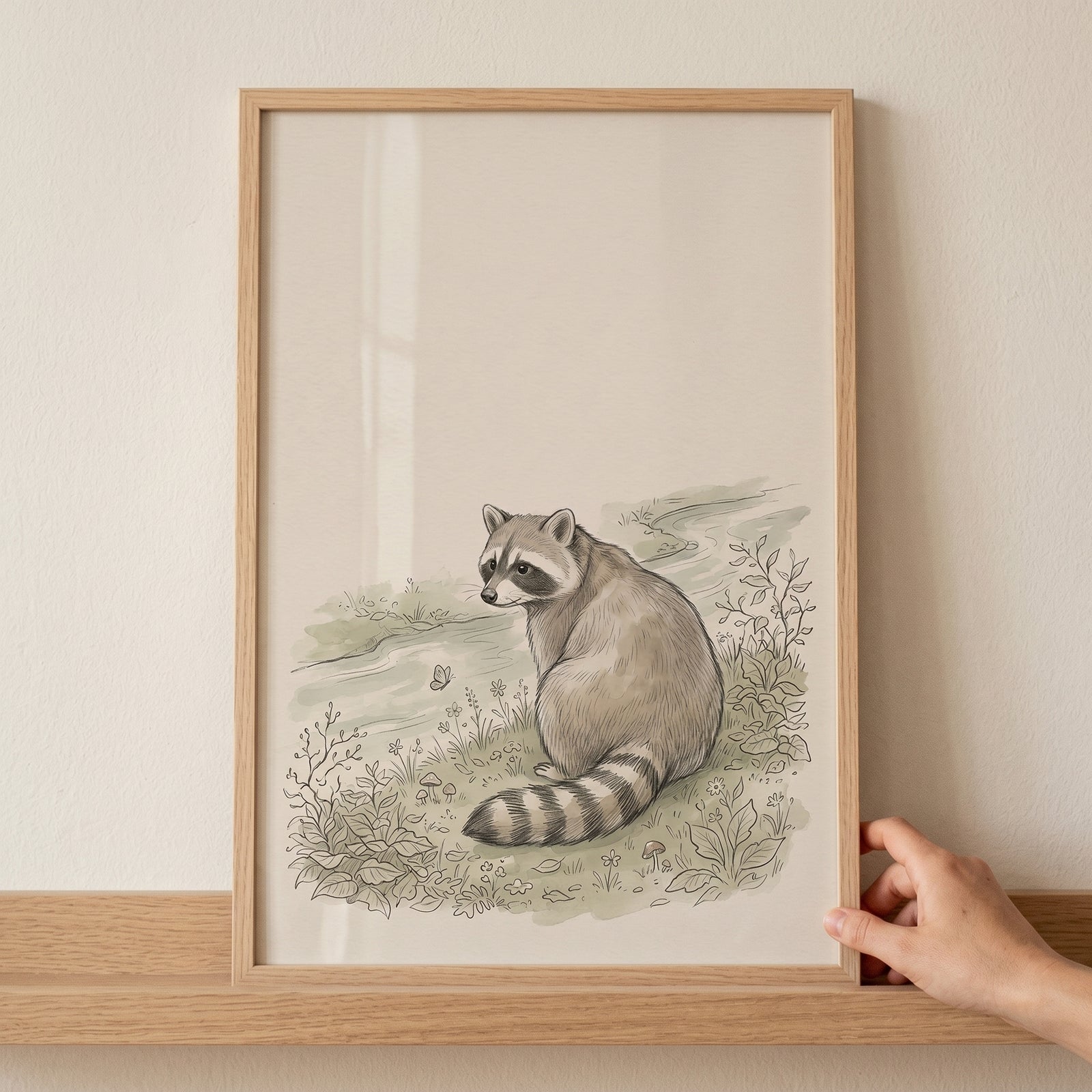 Vintage stream raccoon wall art in a wood frame shows a hand-drawn raccoon sitting by wildflowers and a forest brook.