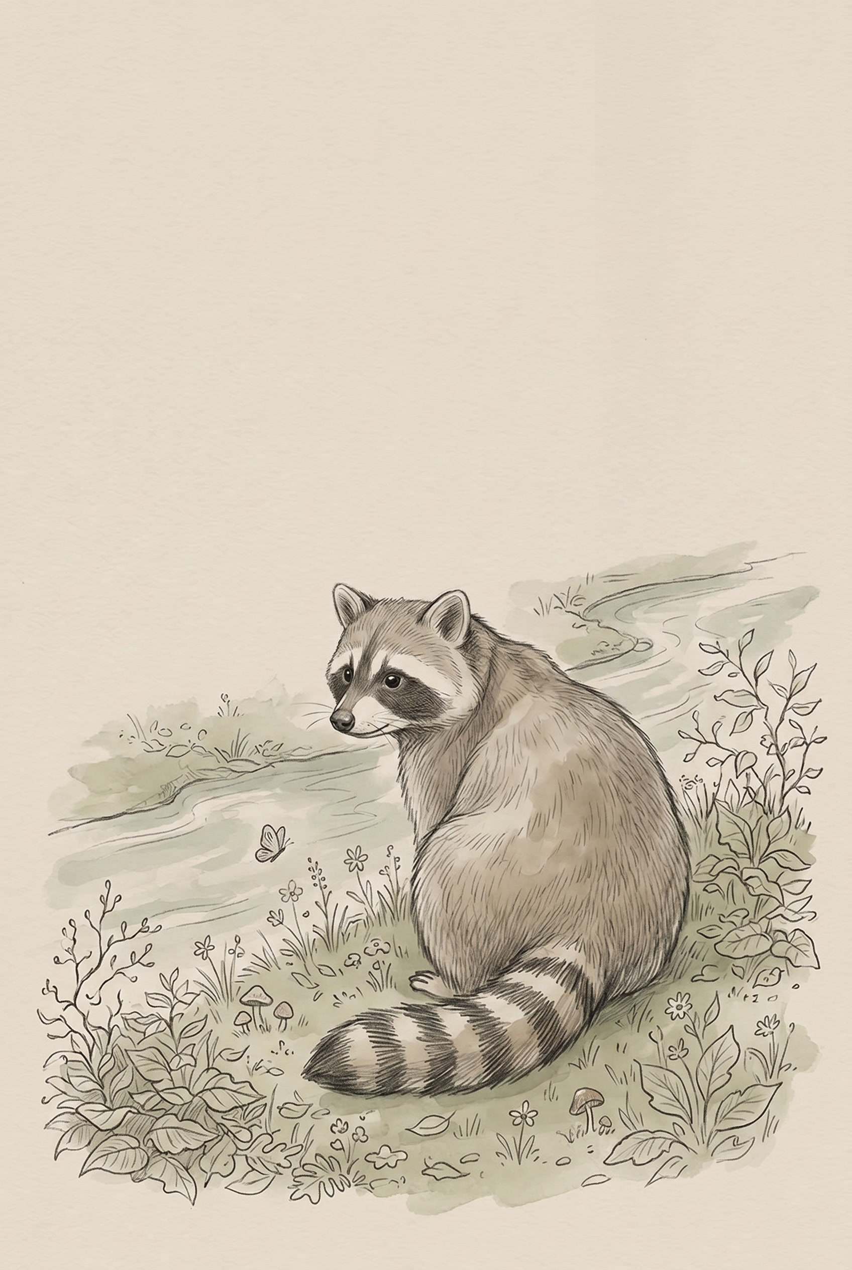 Vintage Stream Raccoon Wall Art - Peaceful Riverside Raccoon