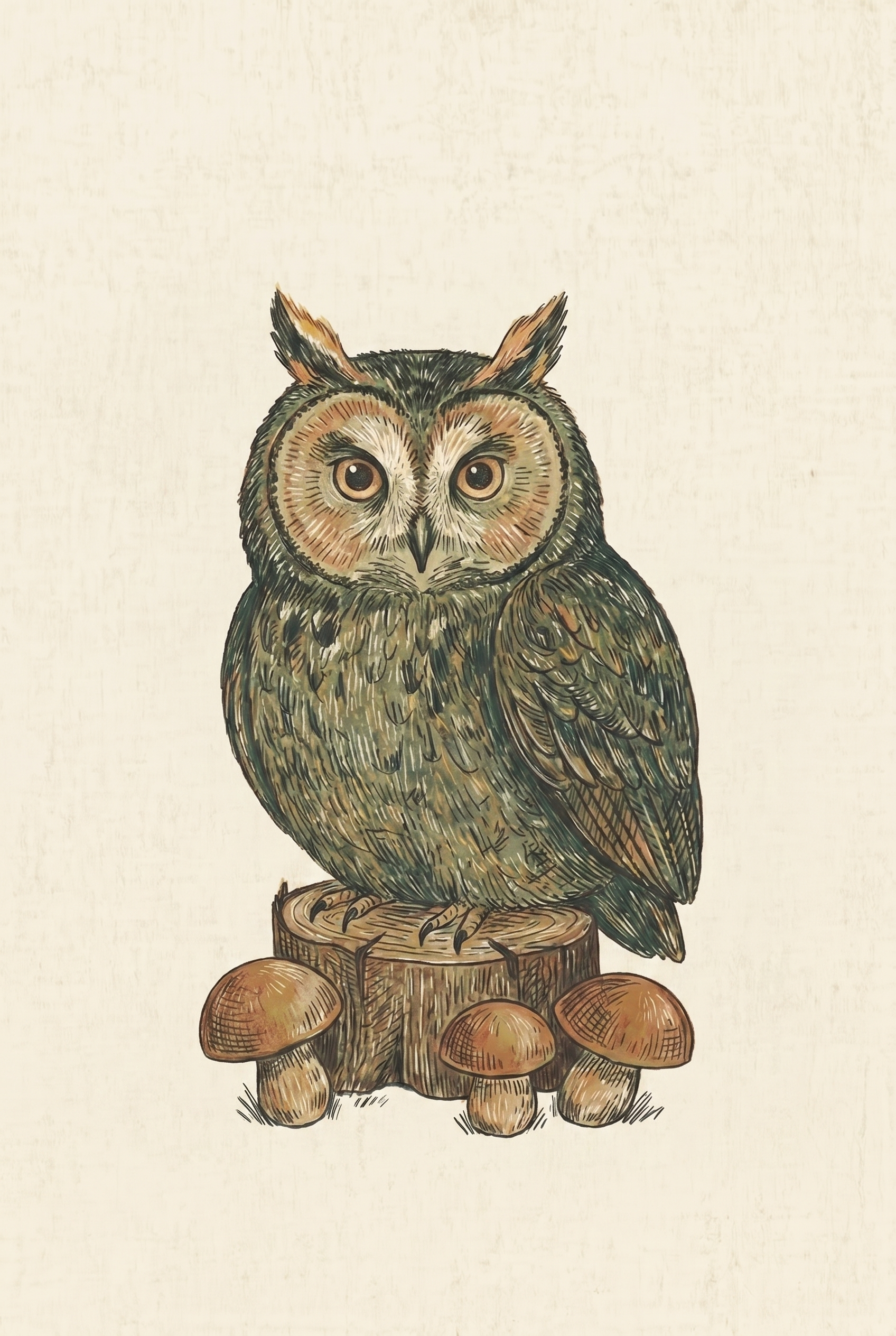 Vintage Stump Perched Owl Wall Art - Vintage Forest Owl