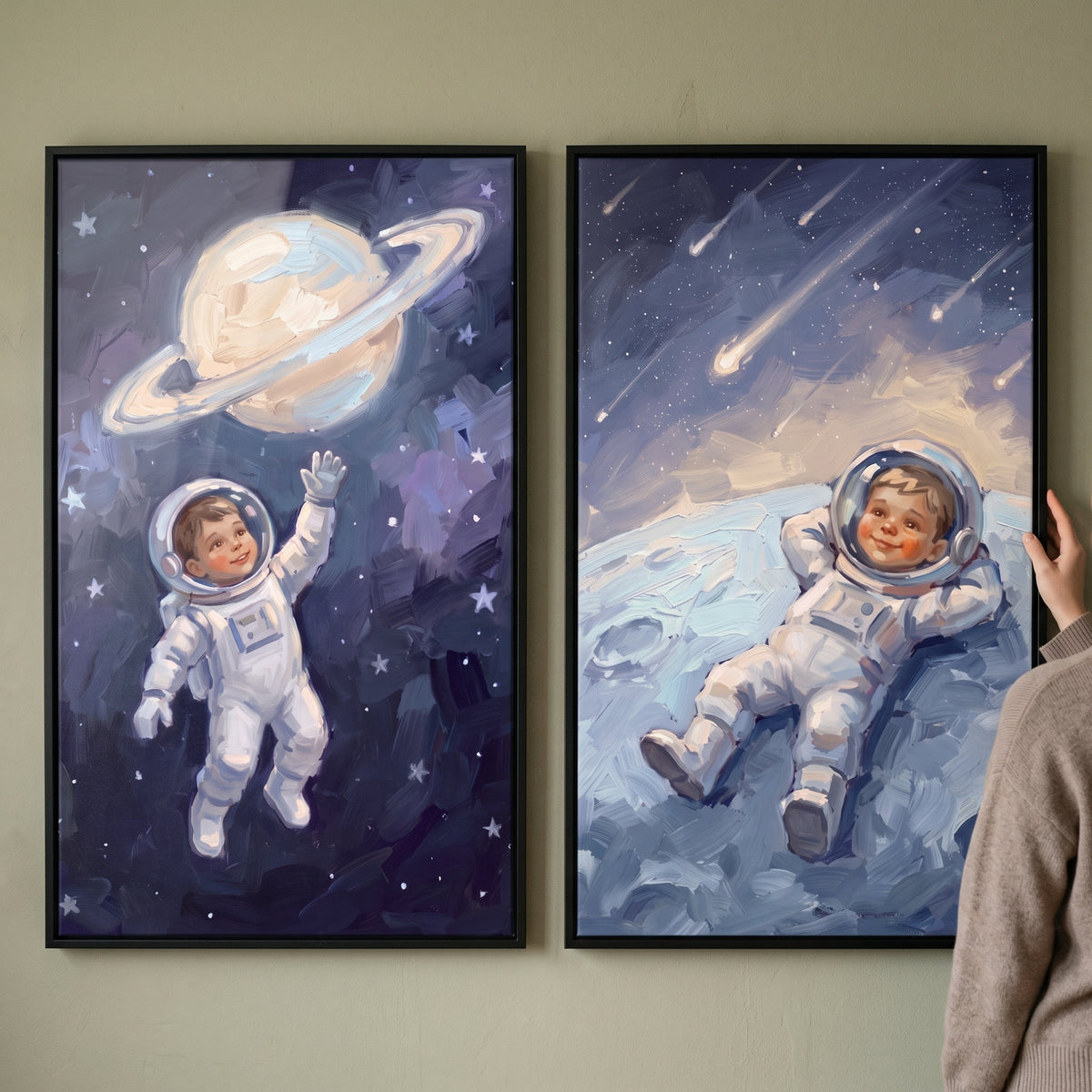 Vintage style baby astronaut wall art set of 2 featuring infants in spacesuits among planets and shooting stars.