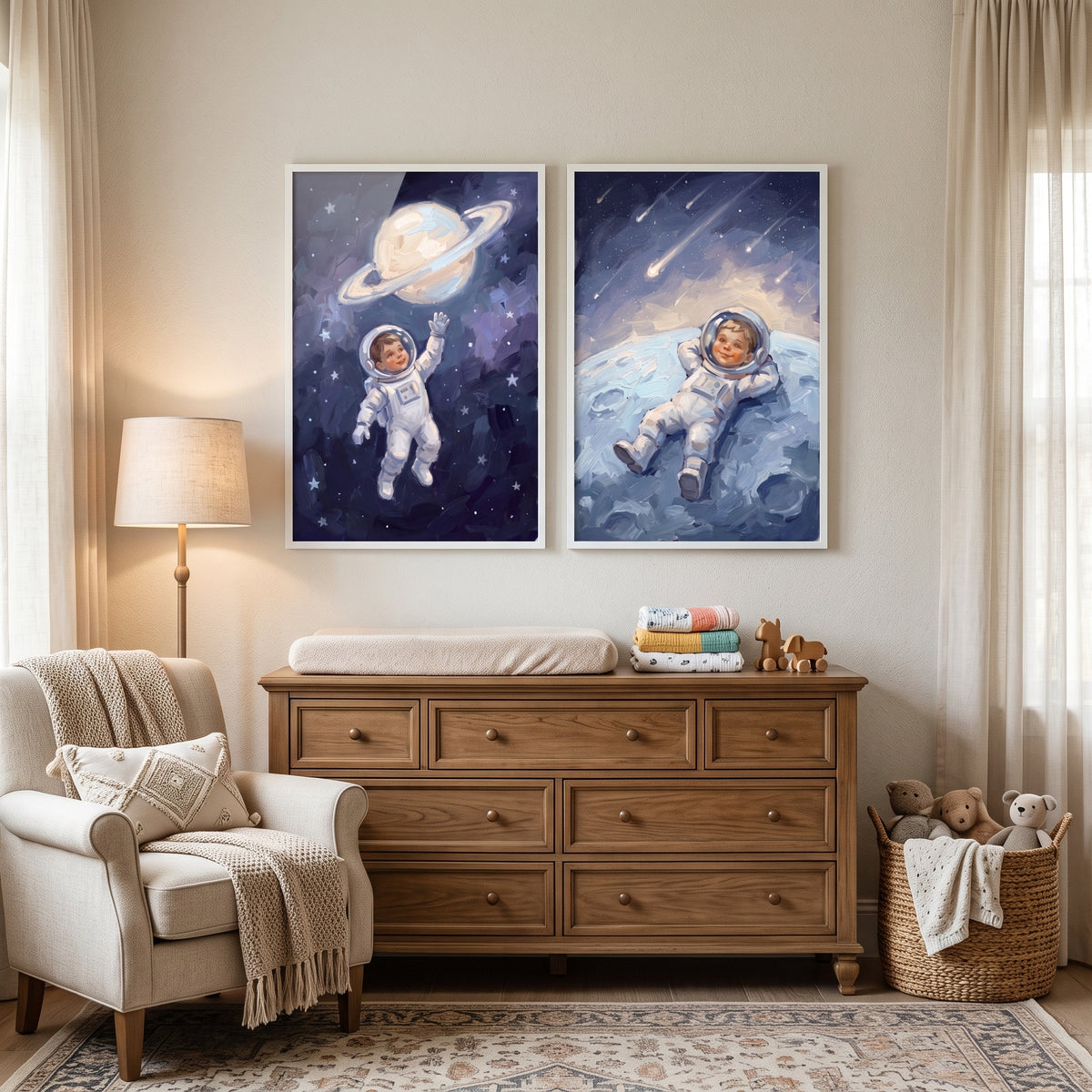 Vintage Style Baby Astronaut Wall Art Set of 2 - Cosmic Baby Dreams