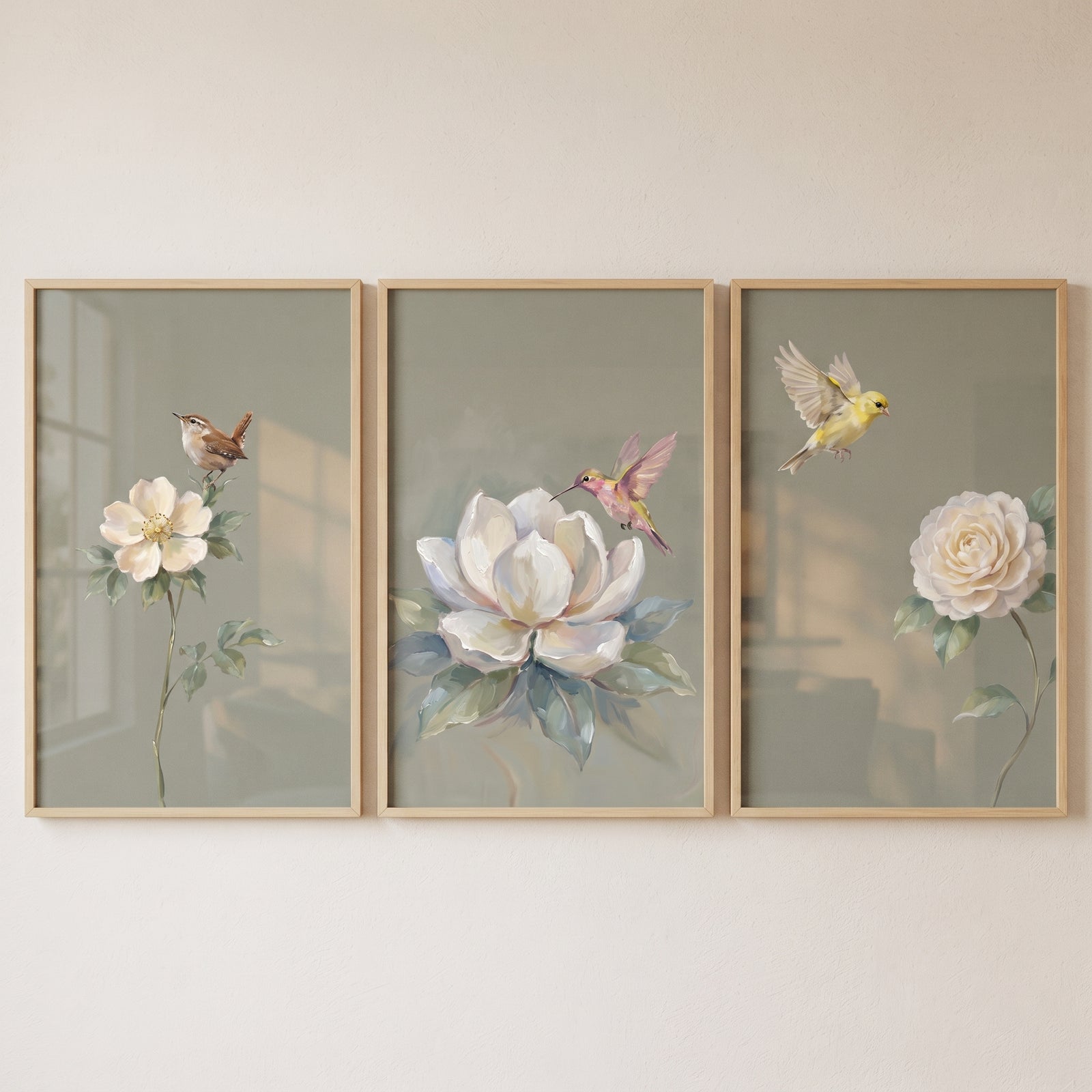 Vintage style botanical bird artwork set of 3 with birds and white flowers on a muted green background.