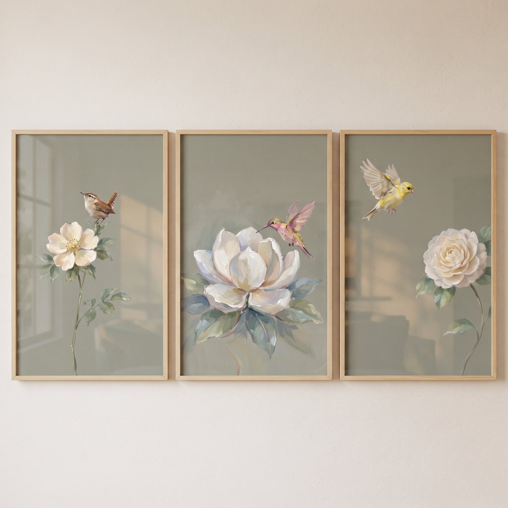 Vintage Style Botanical Bird Artwork Set of 3 - Serene Bird Trio