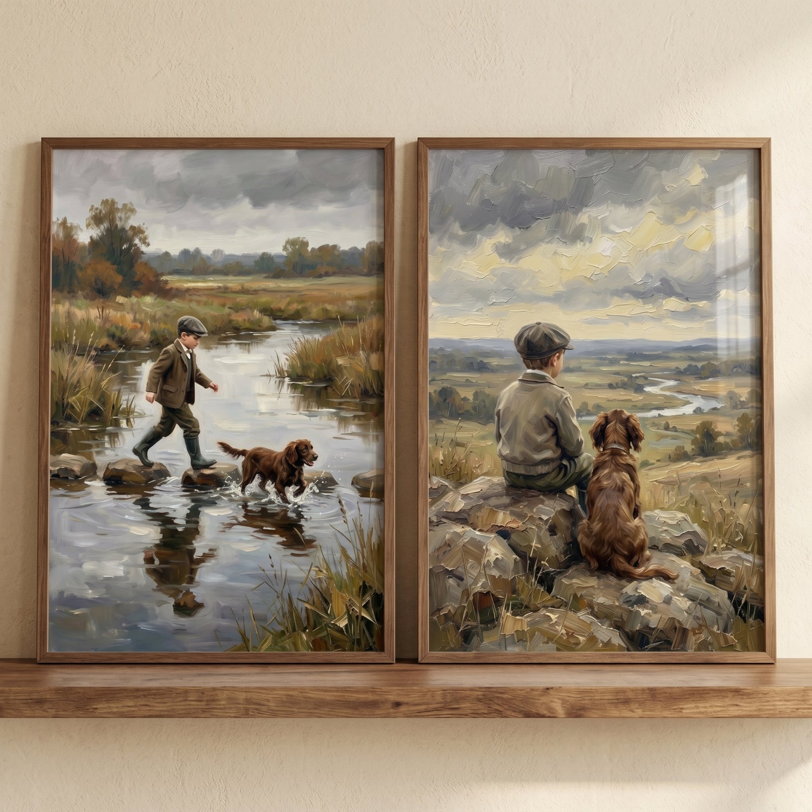Vintage style boy dog wall art set of 2 depicting a child and dog crossing a stream and overlooking a wide valley.