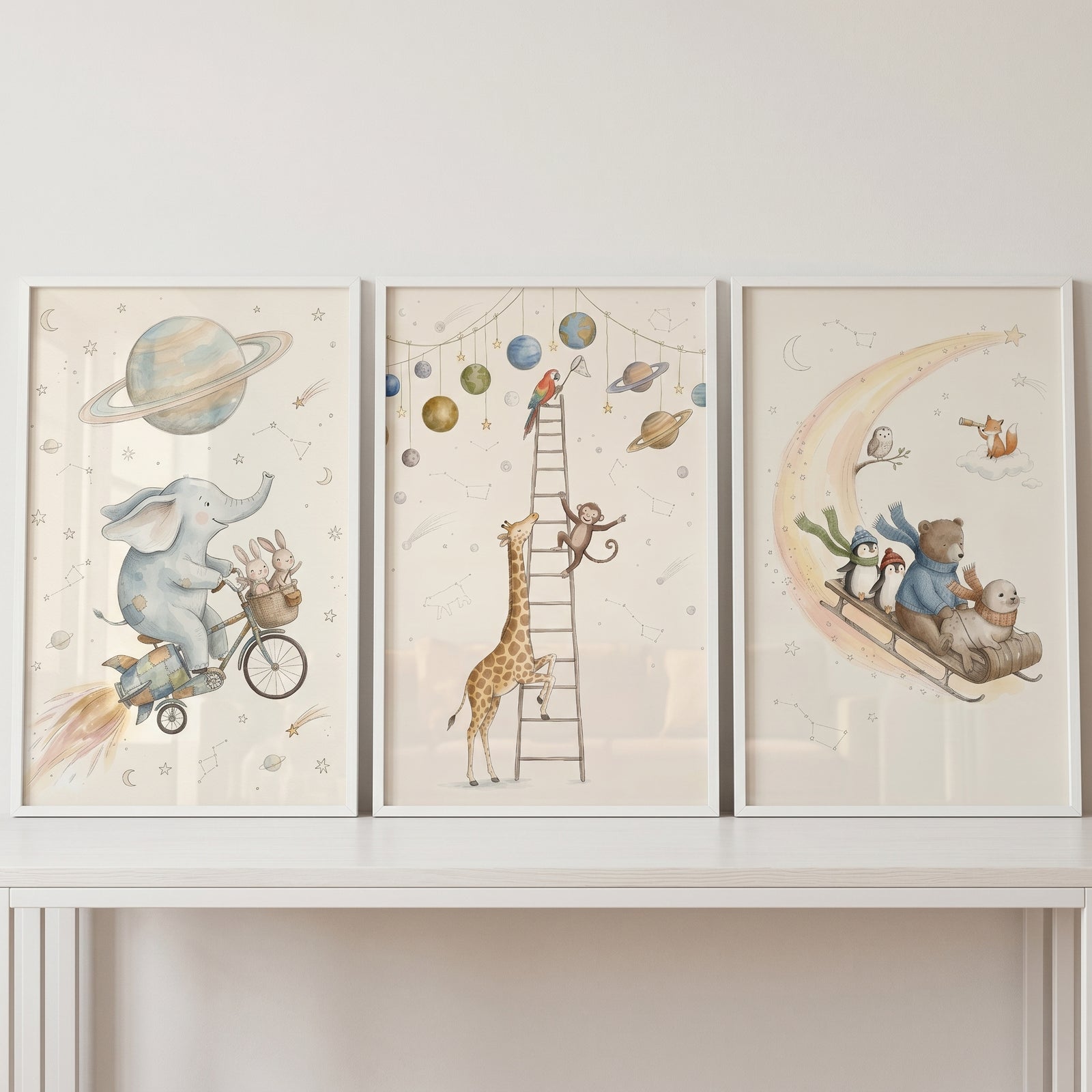 Vintage style celestial animals wall art set of 3 with an elephant on a bike, a giraffe on a ladder, and a sled on the moon.