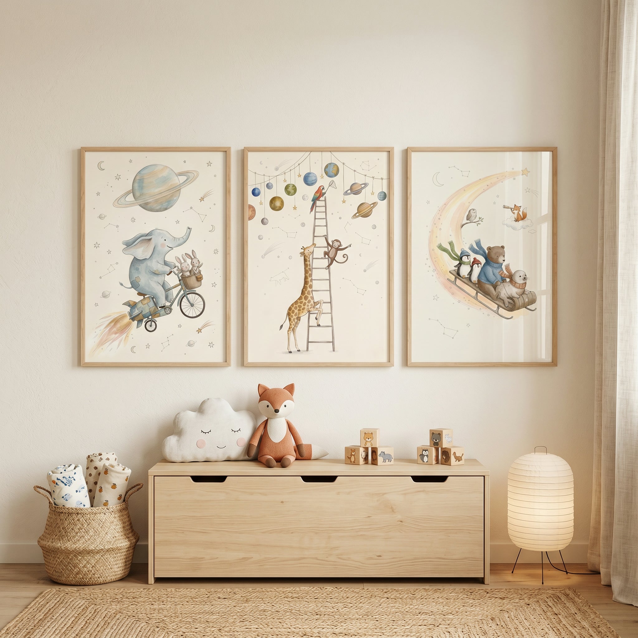 Vintage Style Celestial Animals Wall Art Set of 3 - Celestial Animal Adventure
