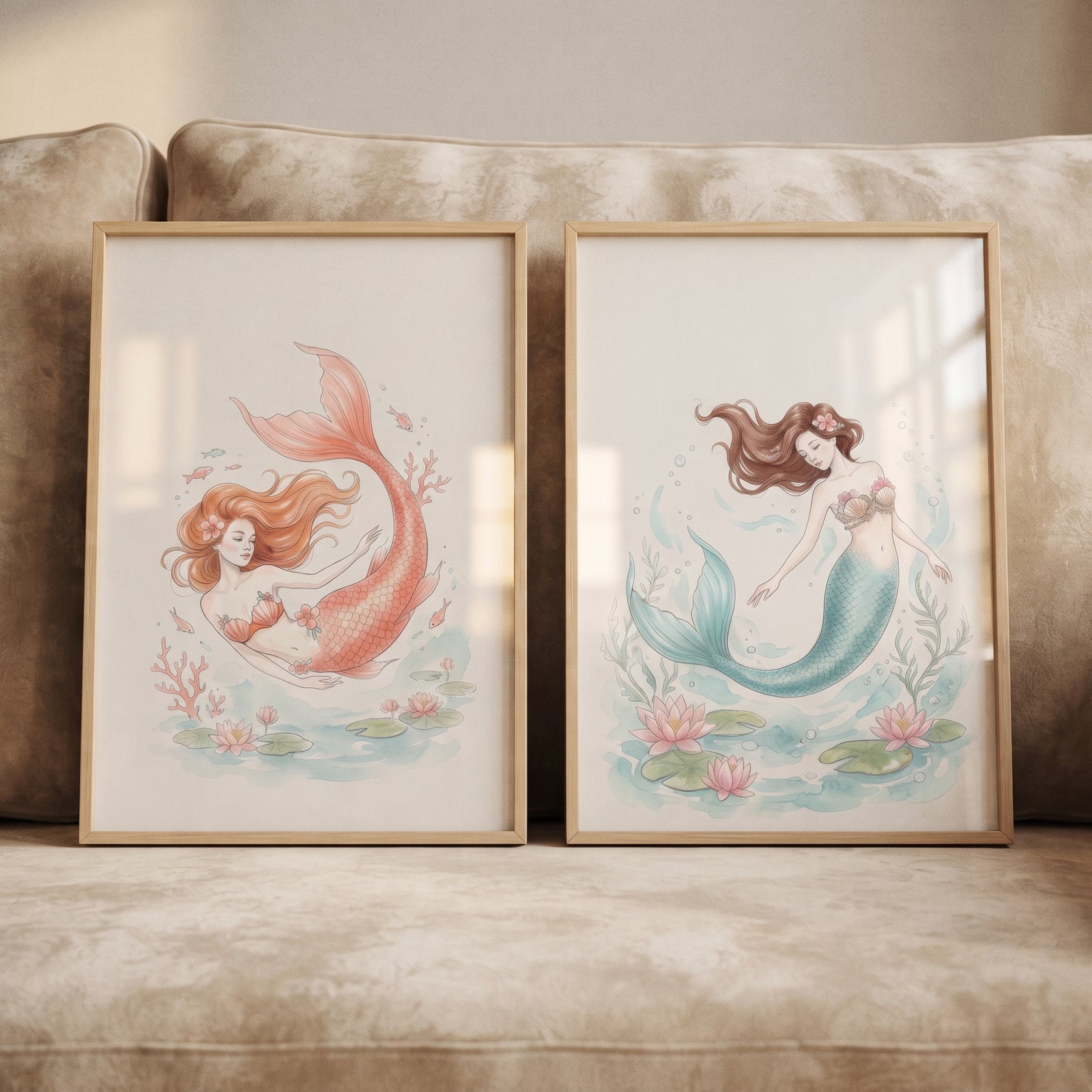 Vintage style coastal mermaid wall art set of 2 with watercolor mermaids and coral in light wood frames.