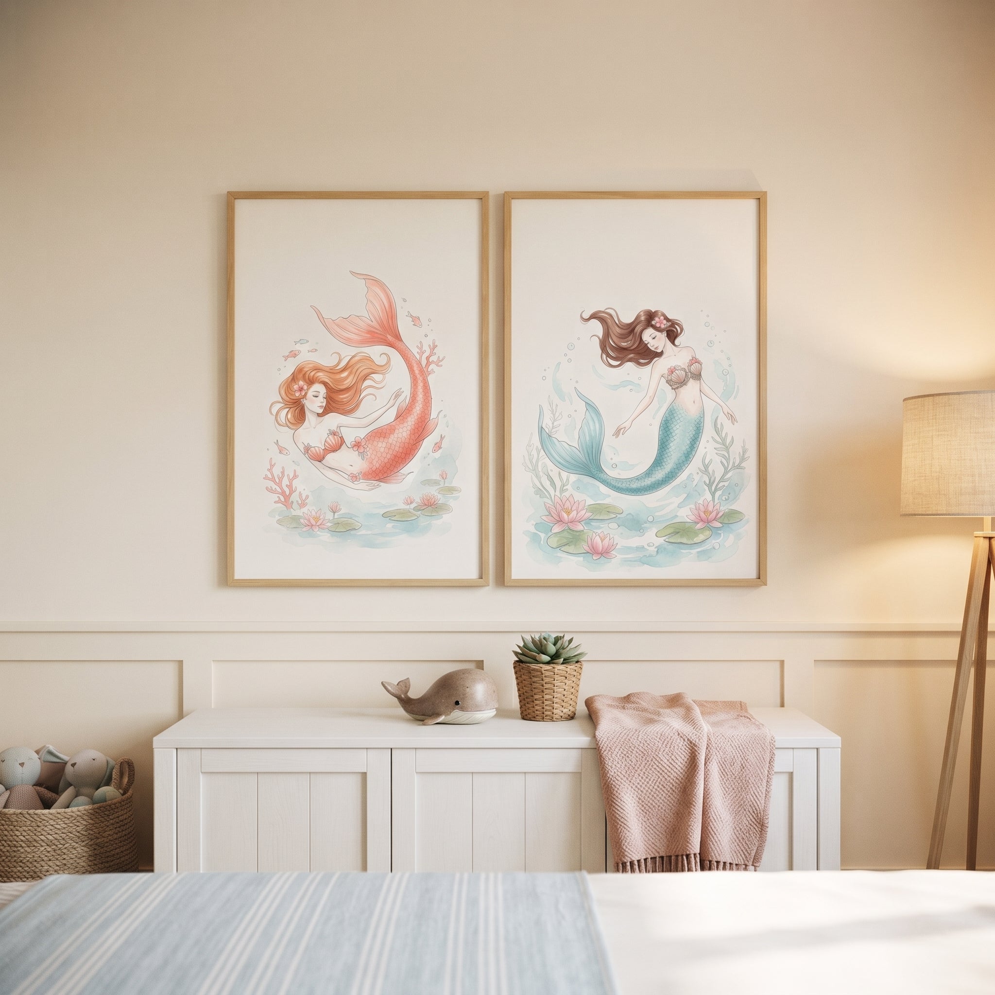 Vintage Style Coastal Mermaid Wall Art Set of 2 - Serene Aquatic Duo