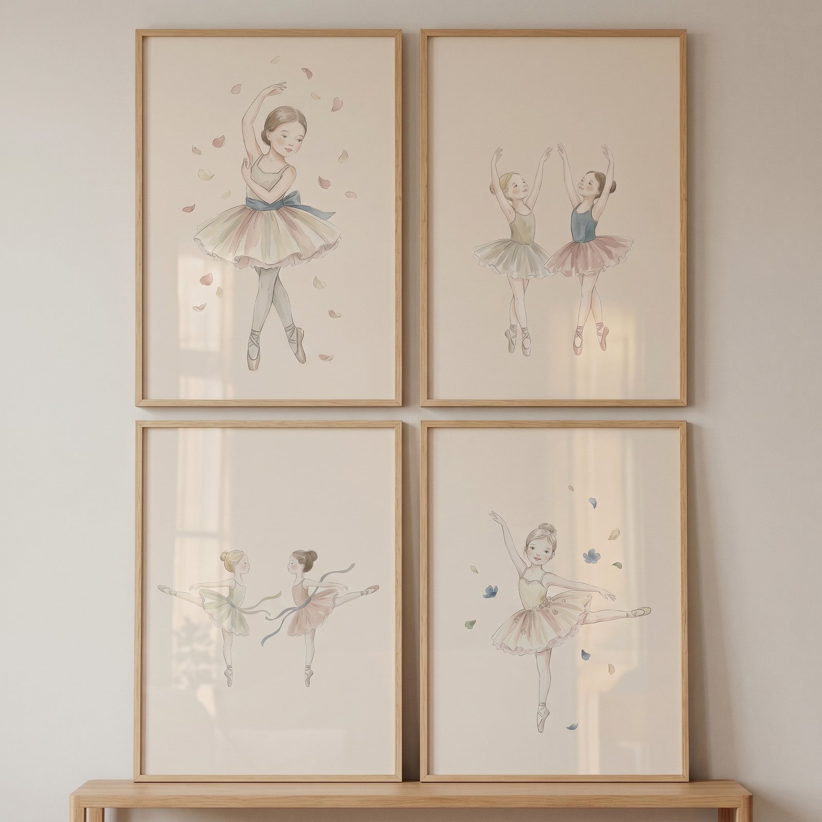 Vintage style dancing ballerina wall art set of 4 prints in wooden frames featuring soft watercolor illustrations.