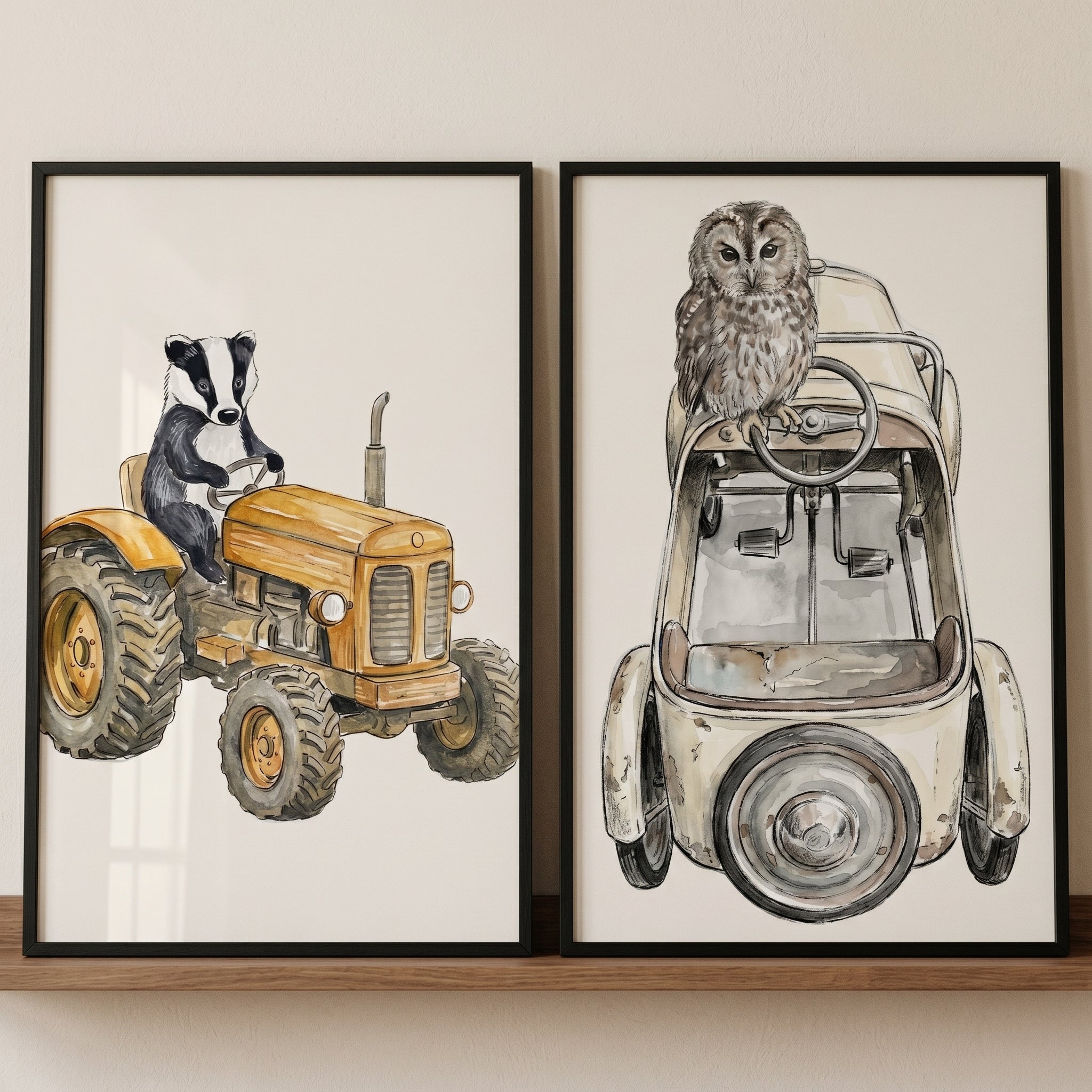 Vintage Style Driving Animal Wall Art Set of 2 - Forest Animal Drivers