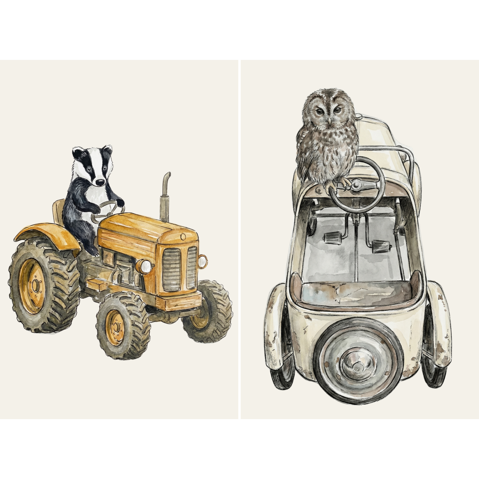 Vintage Style Driving Animal Wall Art Set of 2 - Forest Animal Drivers