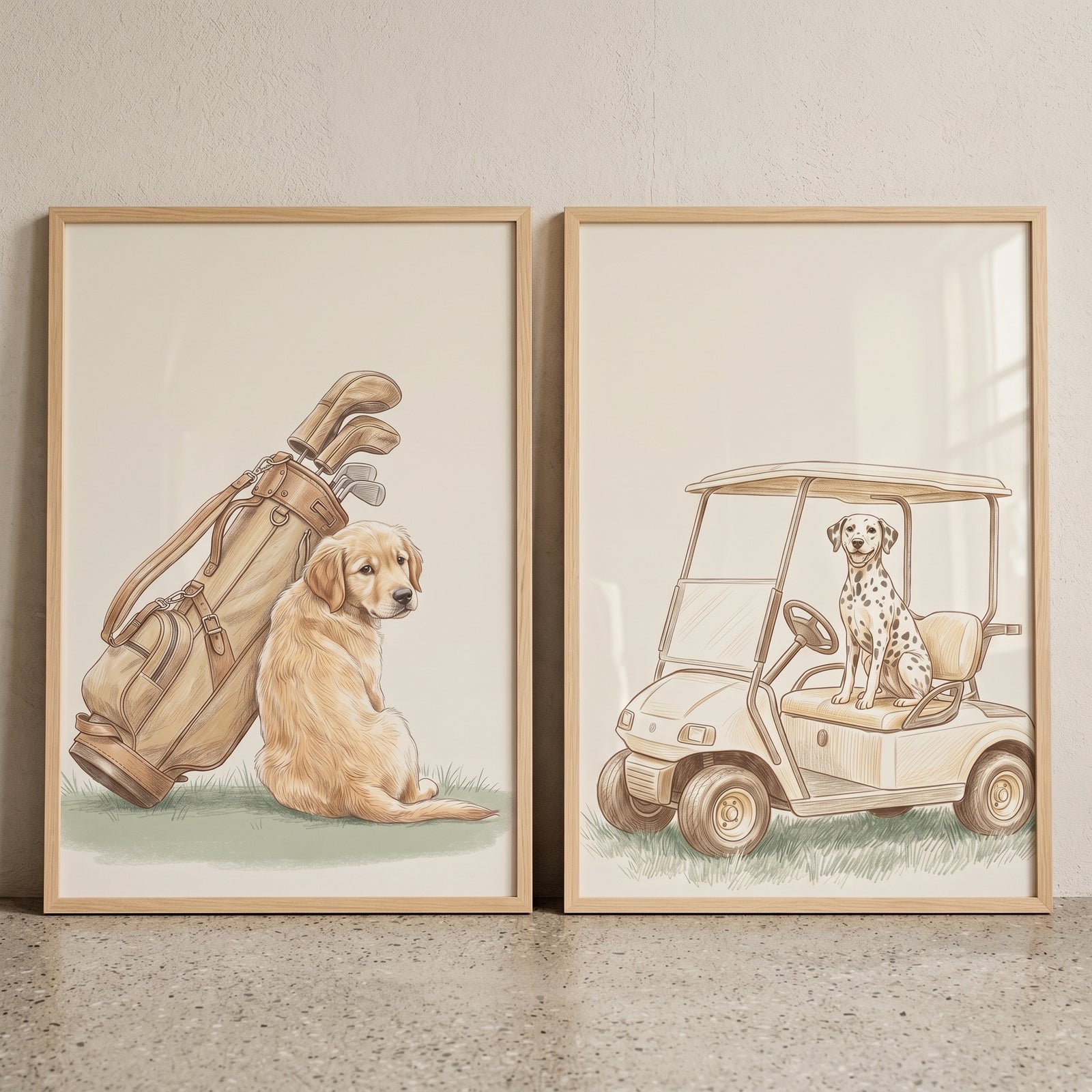 Vintage style golfing dogs wall art set of 2 featuring a golden retriever by a golf bag and a dalmatian in a golf cart.