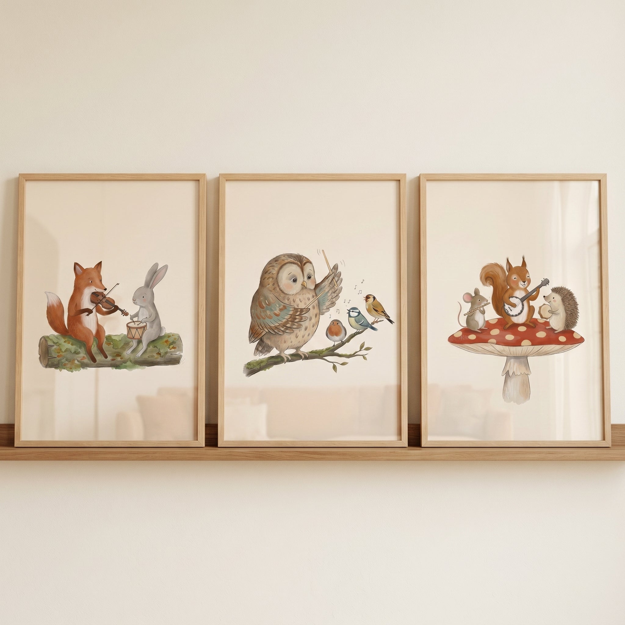 Vintage Style Instrumental Animal Wall Art Set Of 3 - Woodland Melody Trio