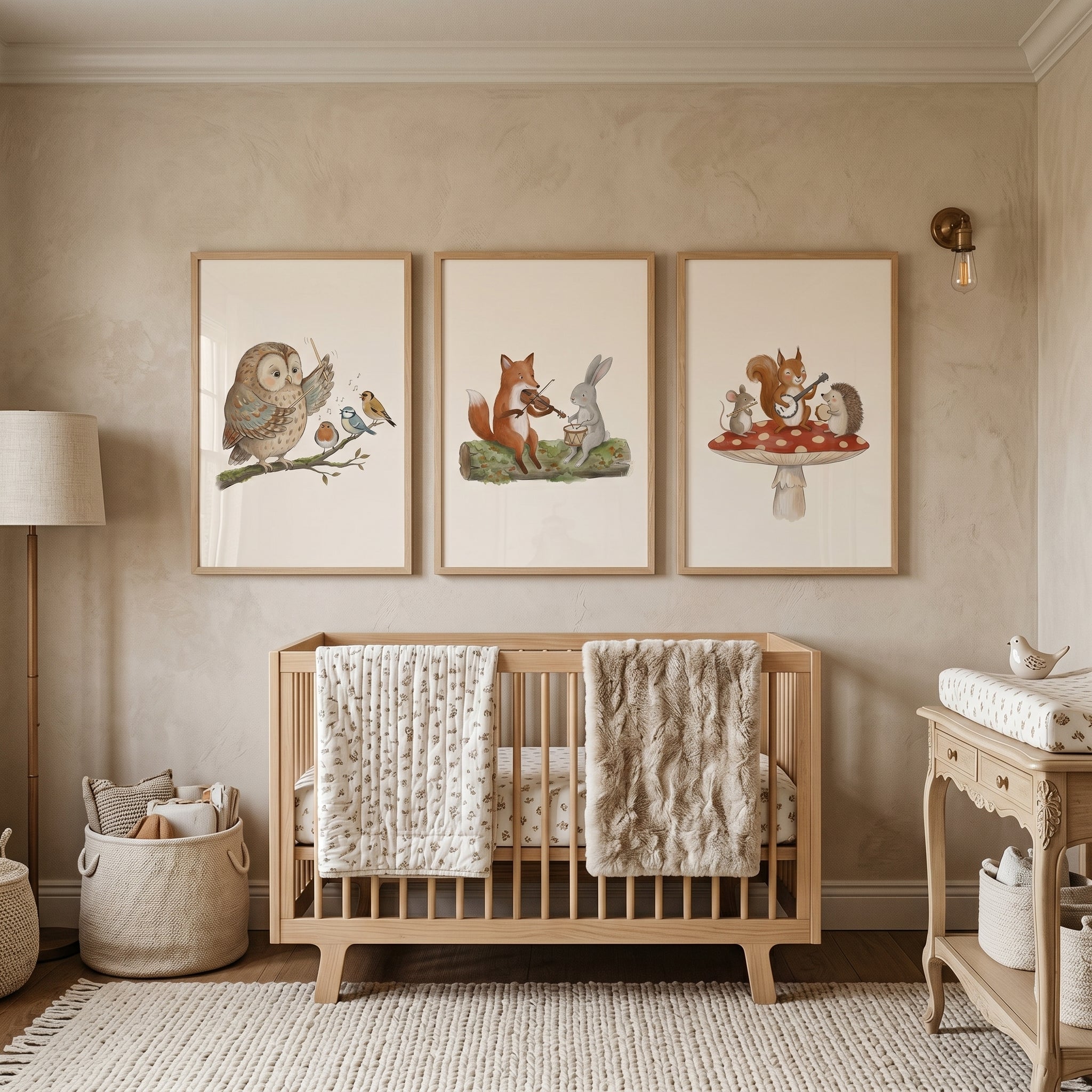 Vintage Style Instrumental Animal Wall Art Set Of 3 - Woodland Melody Trio