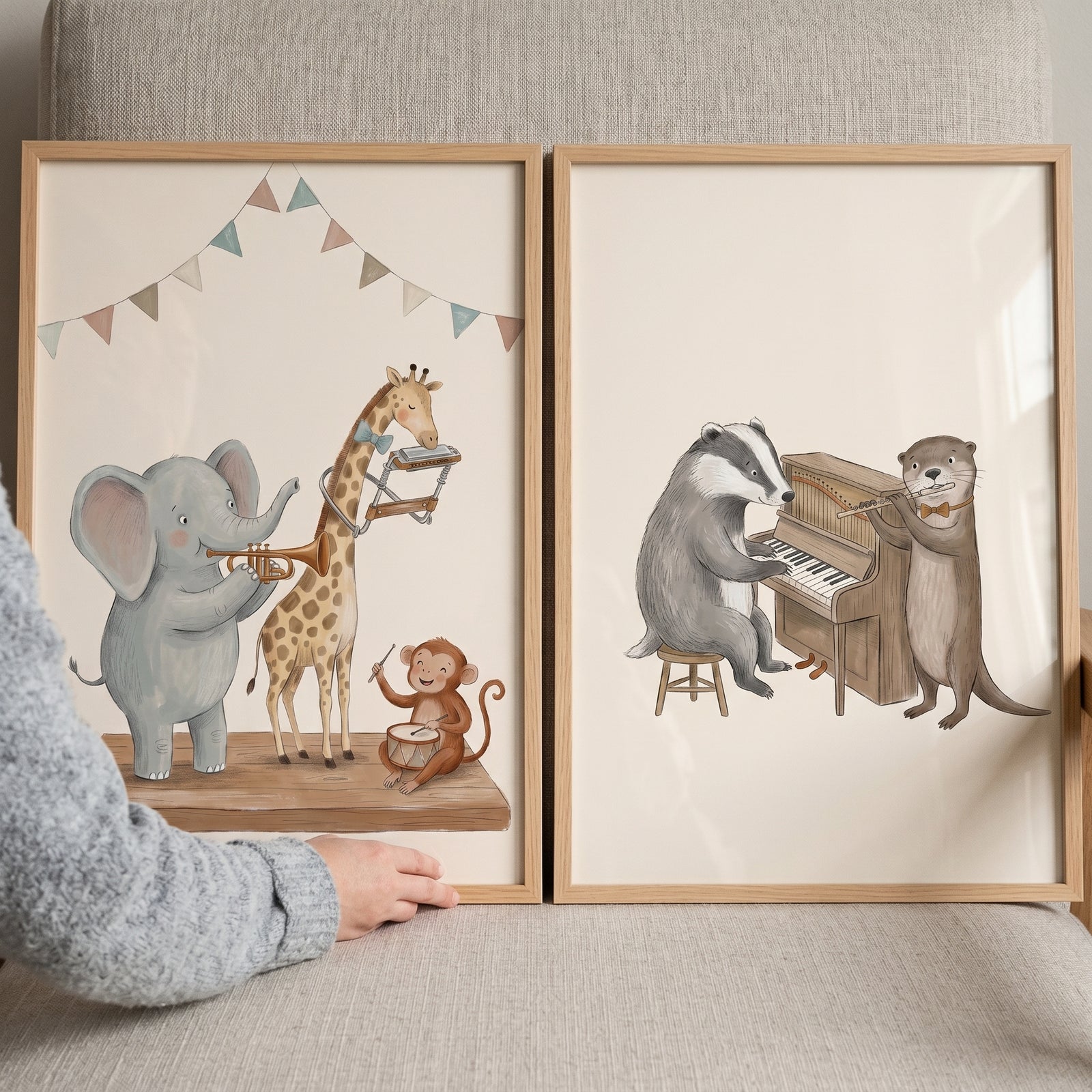 Vintage style musical animals wall art set of 2 with an elephant, giraffe, monkey, badger, and otter playing instruments.