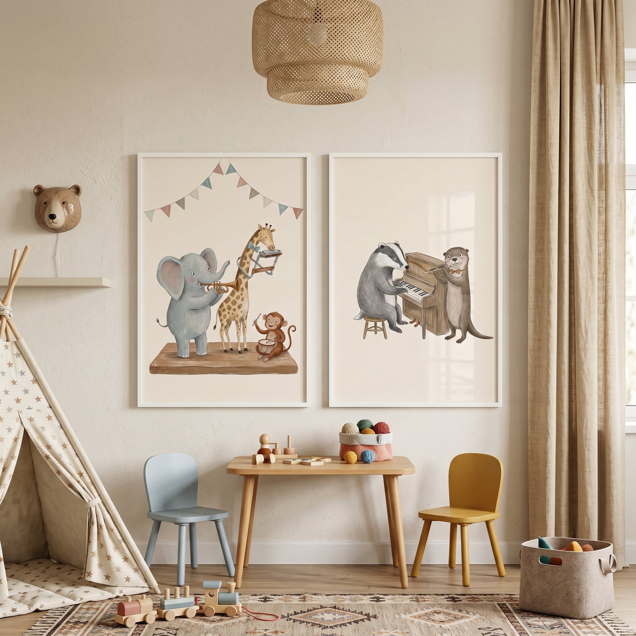Vintage Style Musical Animals Wall Art Set Of 2 - Wild Animal Orchestra