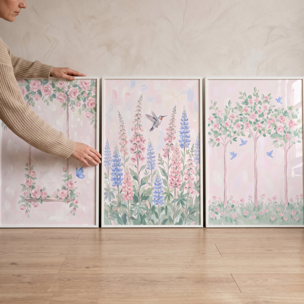 Vintage Style Pink Garden Wall Art Set of 3 - Pastel Garden Dreams