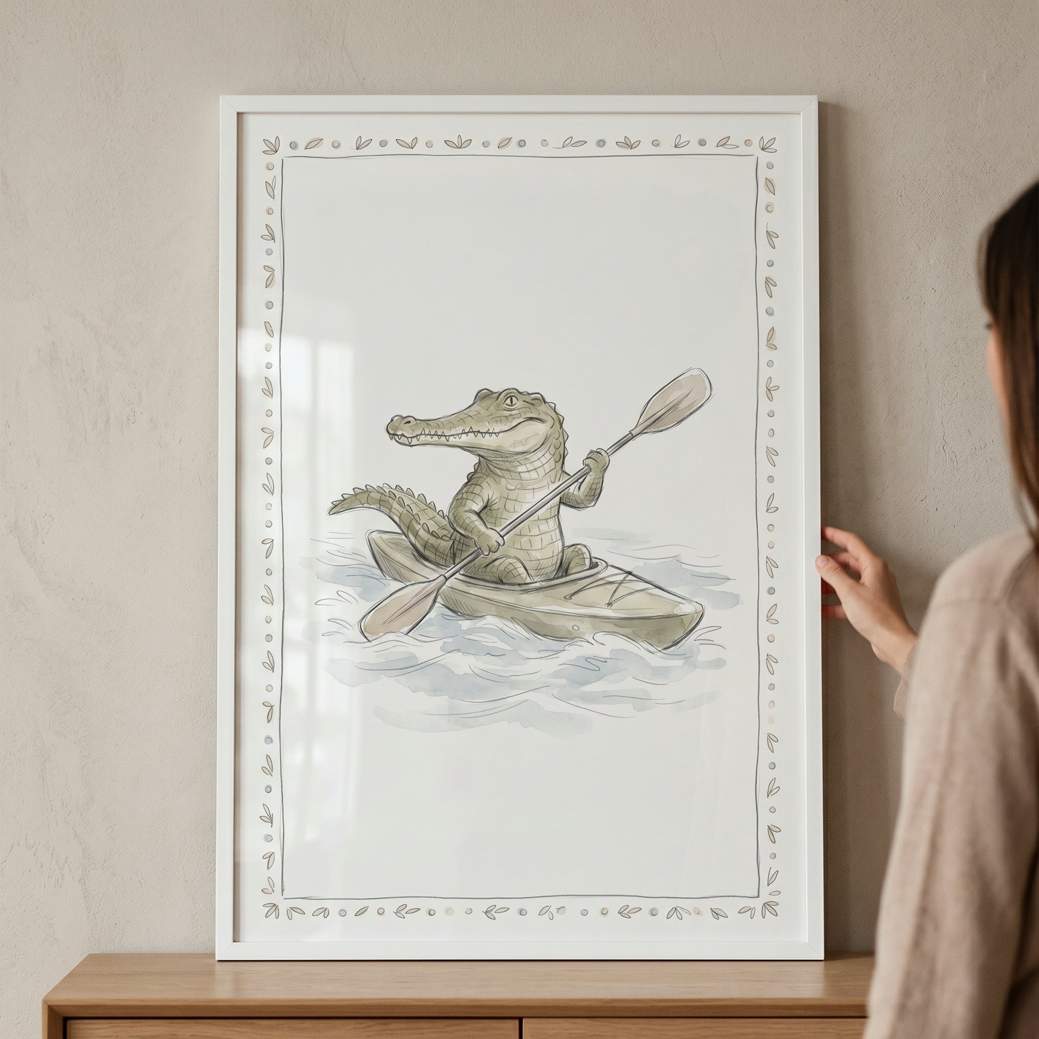 Vintage Style Rowing Crocodile Print - Kayaking Crocodile