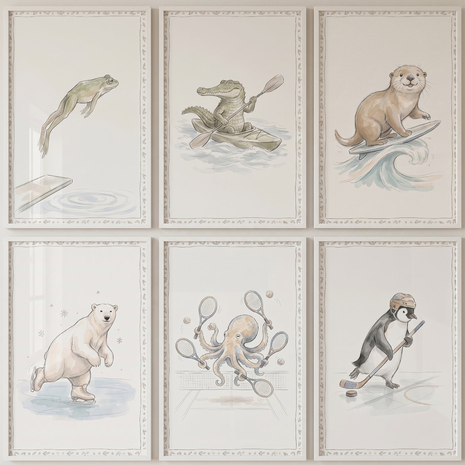 Vintage style sports animals artwork set of 6: frog diving, alligator kayaking, otter surfing, and polar bear skating.
