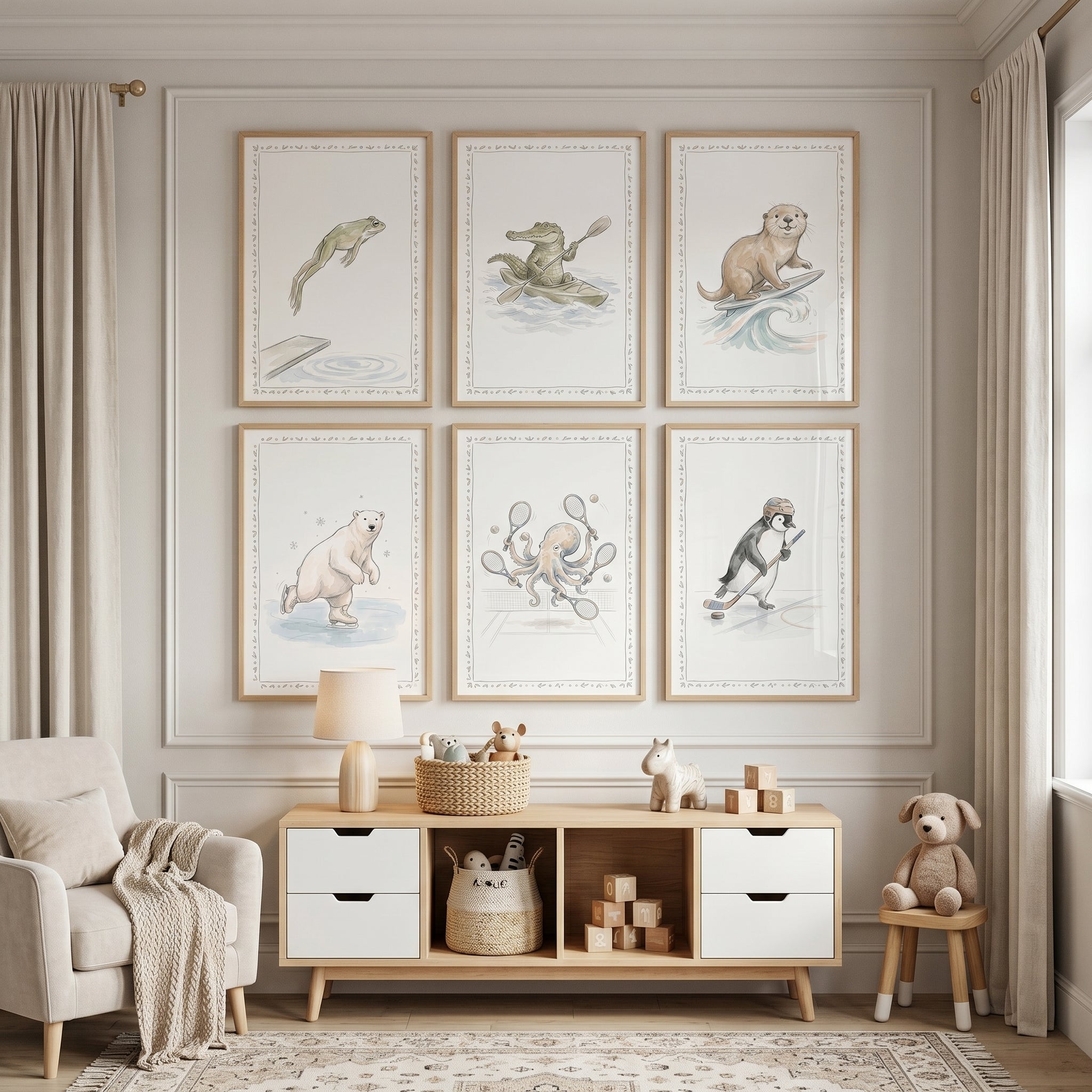 Vintage Style Sports Animals Artwork Set of 6 - Whimsical Nature Games