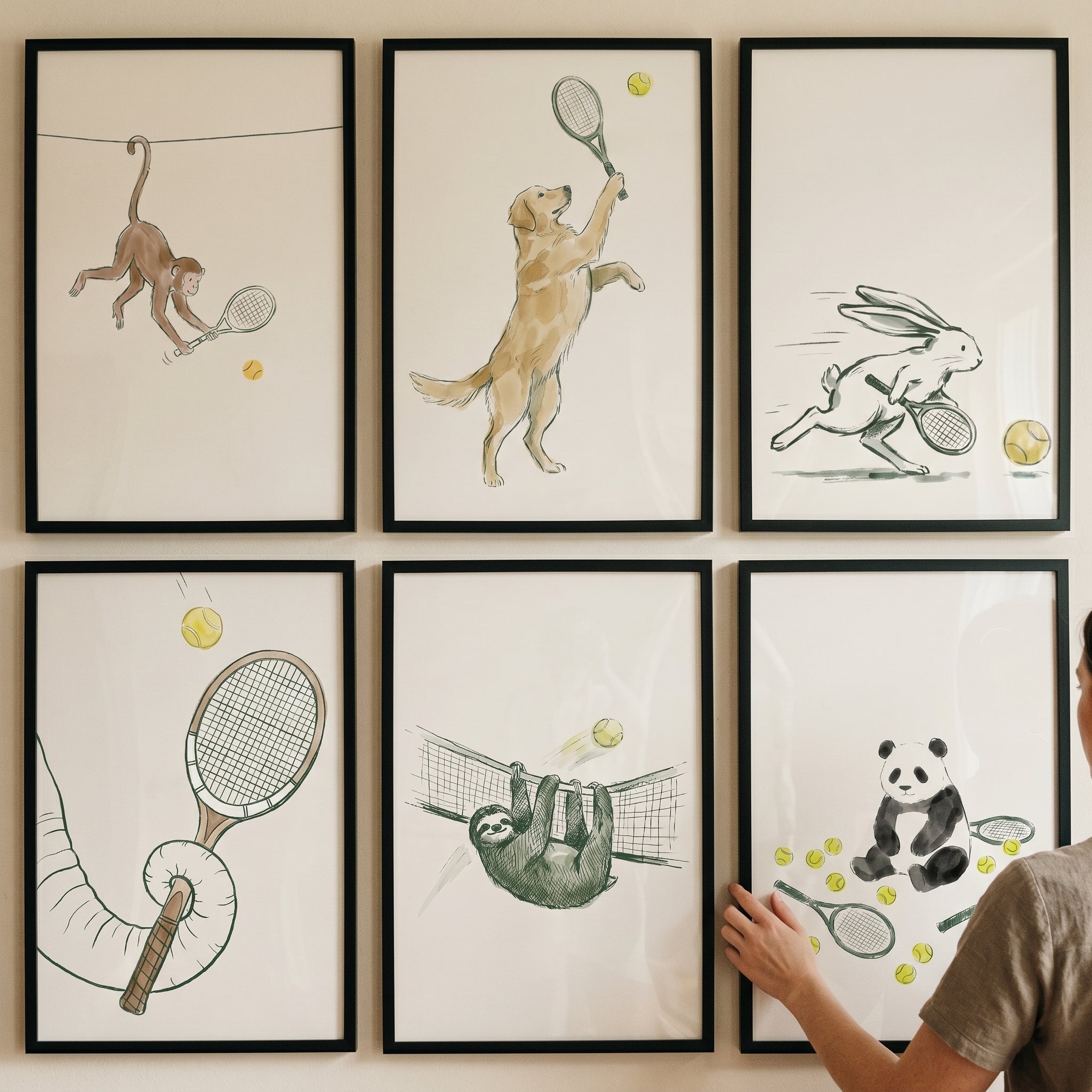 Vintage Style Tennis Animals Wall Art Set of 6 - Wild Court Action