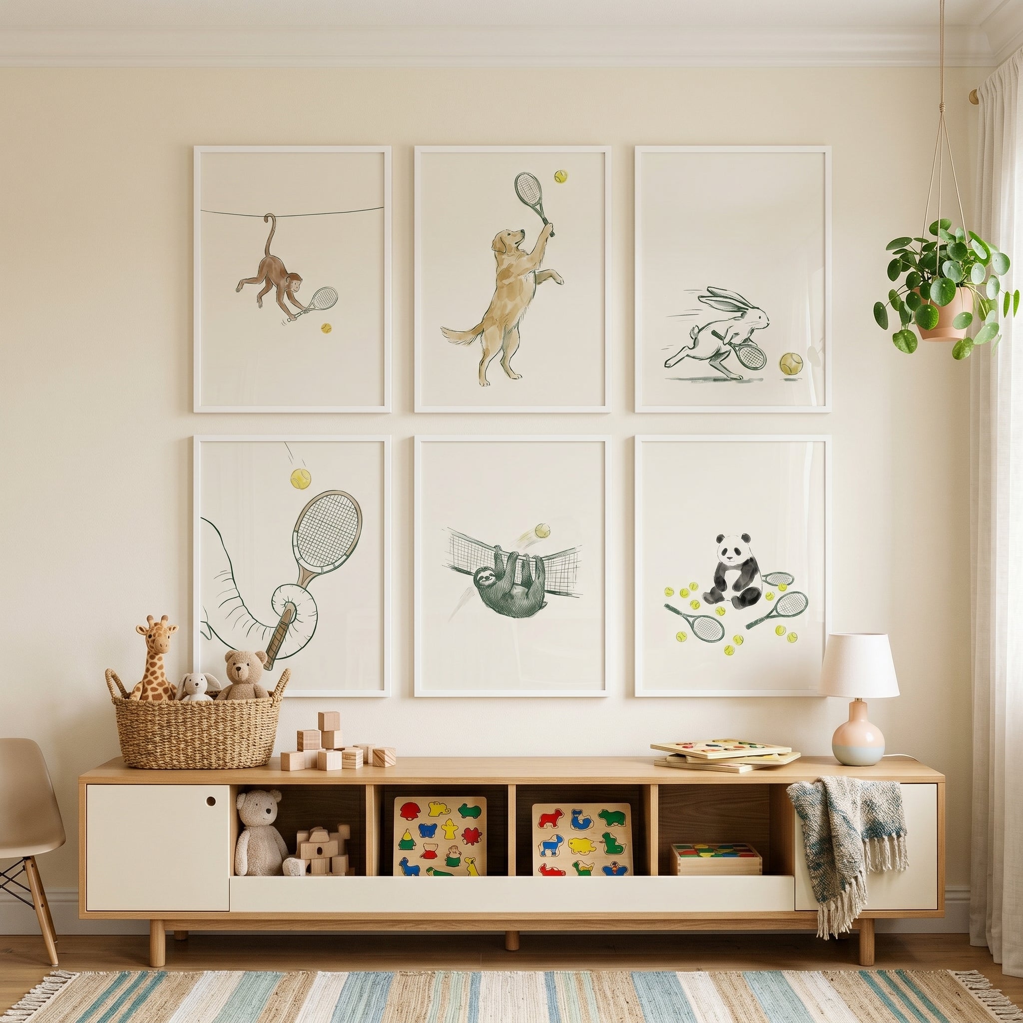 Vintage Style Tennis Animals Wall Art Set of 6 - Wild Court Action