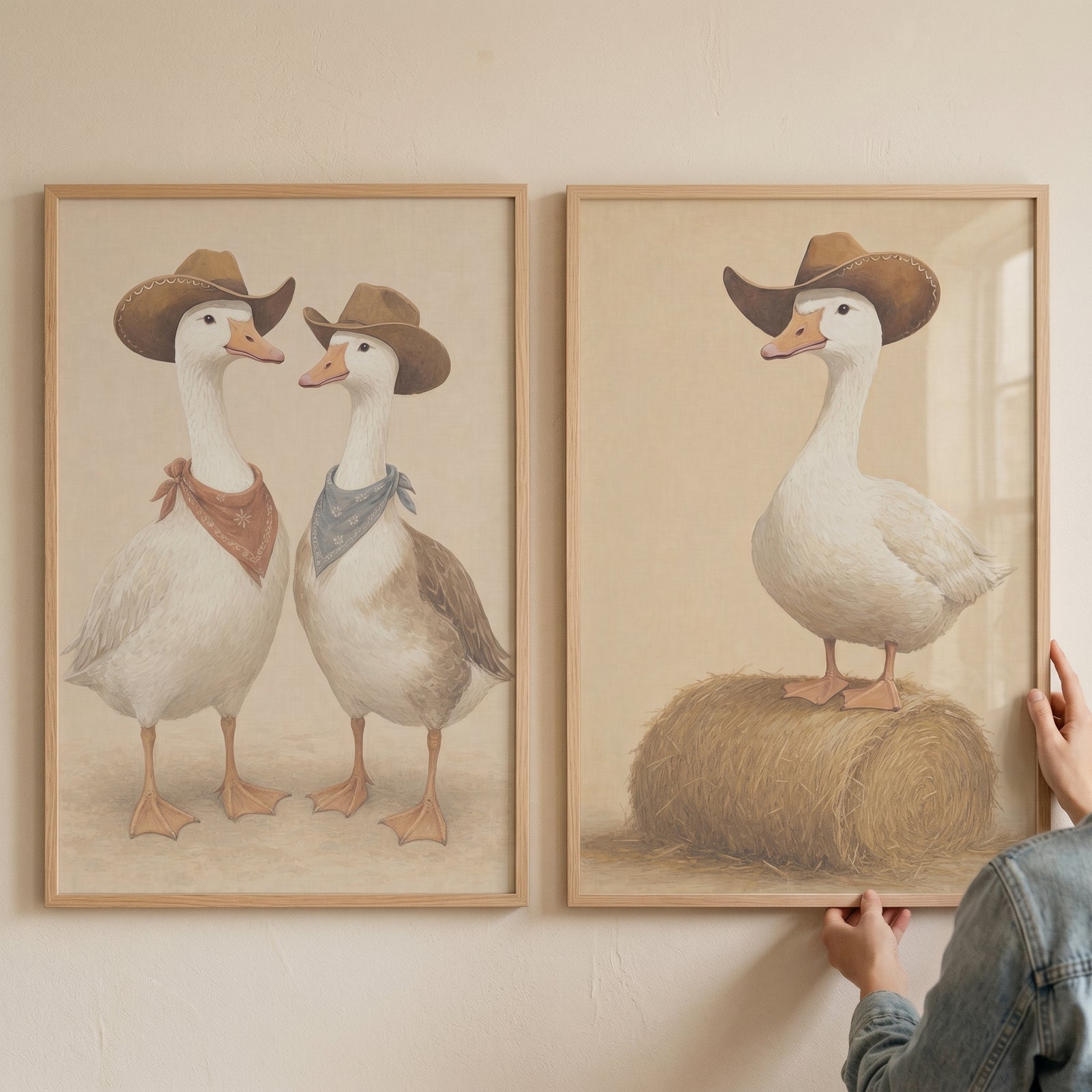 Vintage style western goose wall art set of 2 features geese in cowboy hats and bandanas, one standing on a hay bale.