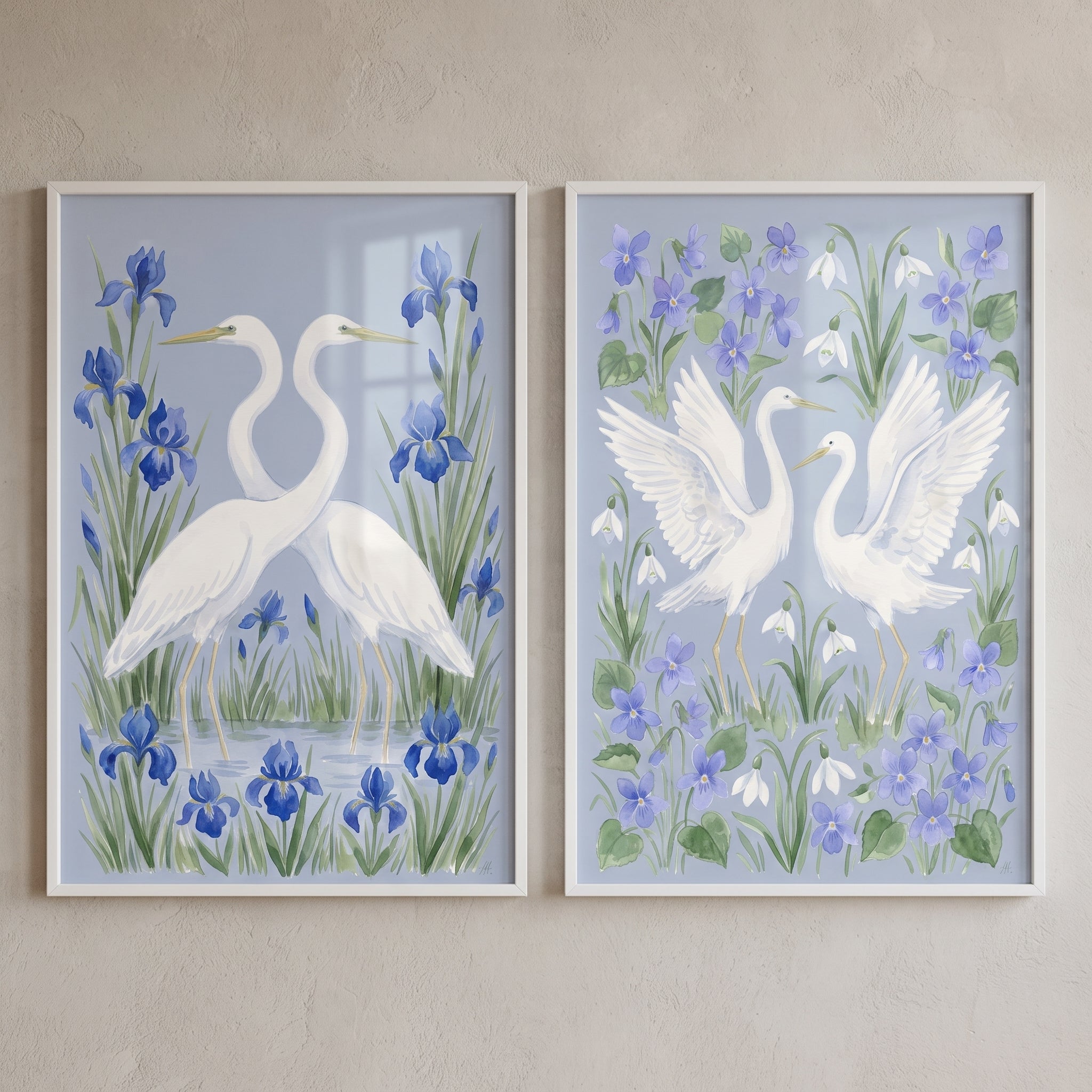 Vintage Style White Heron Bird Artwork Set of 2 - Spring Floral Herons