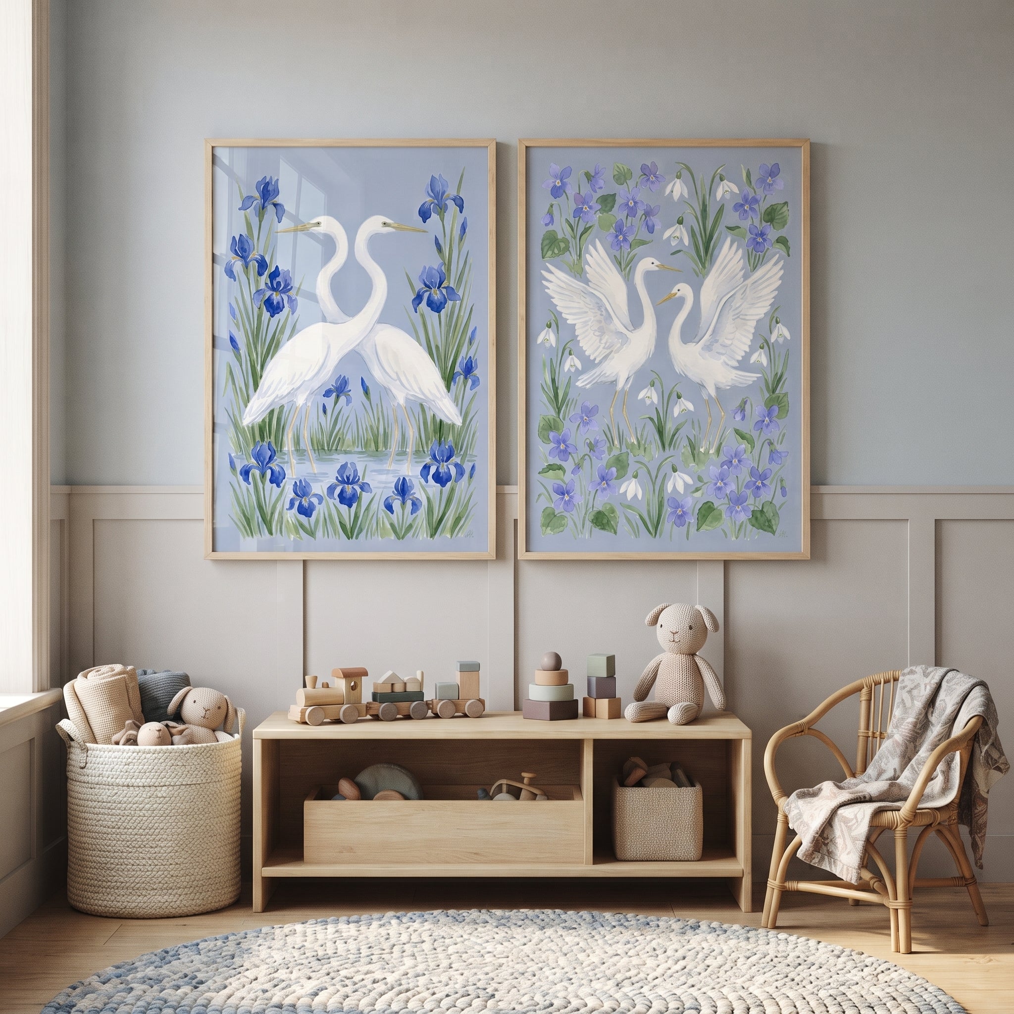 Vintage Style White Heron Bird Artwork Set of 2 - Spring Floral Herons