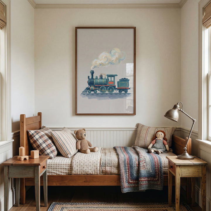 A wooden daybed with a bear and doll sits below vintage teal steam train wall art in a cozy child's room.