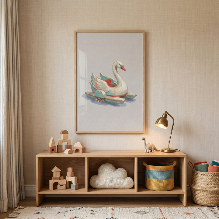 Vintage teal swan ride wall art above a wooden shelf with blocks, a cloud pillow, a dinosaur toy, and a brass lamp.