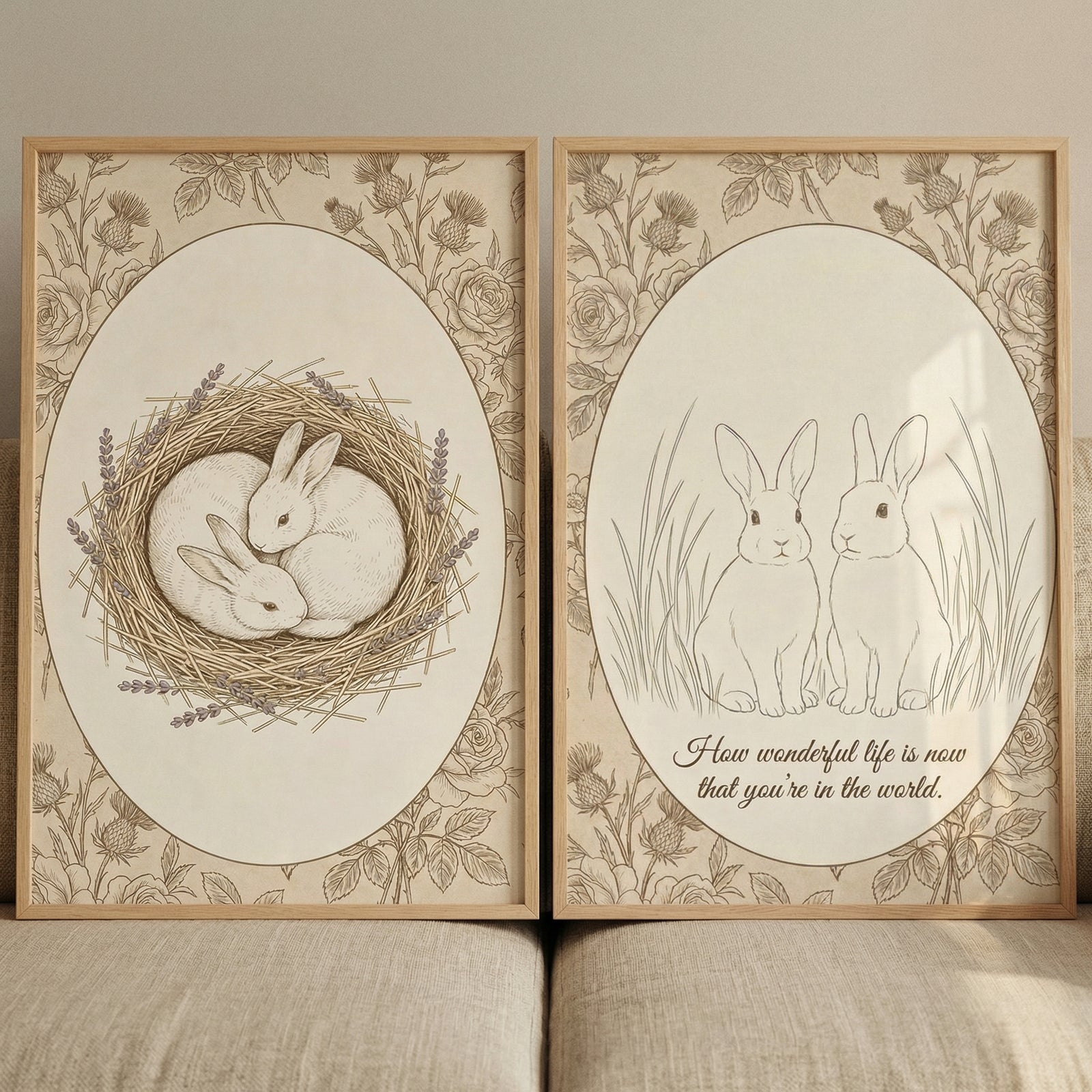 A pair of framed illustrations side-by-side, featuring rabbits in a vintage, sketchbook style, resting on a neutral-toned couch. The left illustration depicts two white rabbits nestled together in a straw nest decorated with sprigs of lavender, set within an oval border surrounded by a pattern of thistles and roses. 