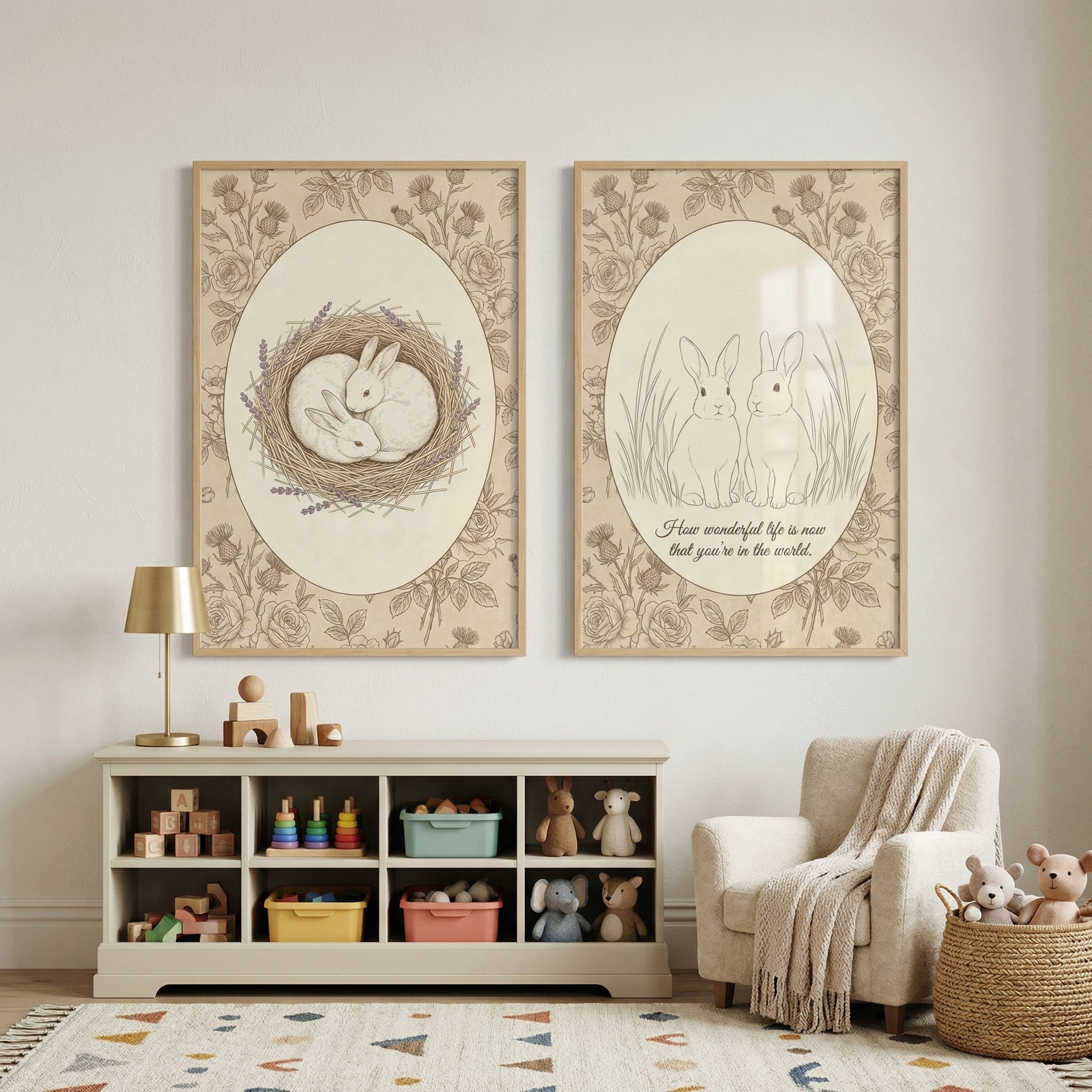 Vintage Thistle Border Rabbit Wall Art Set of 2 - Cuddled Bunny Nest