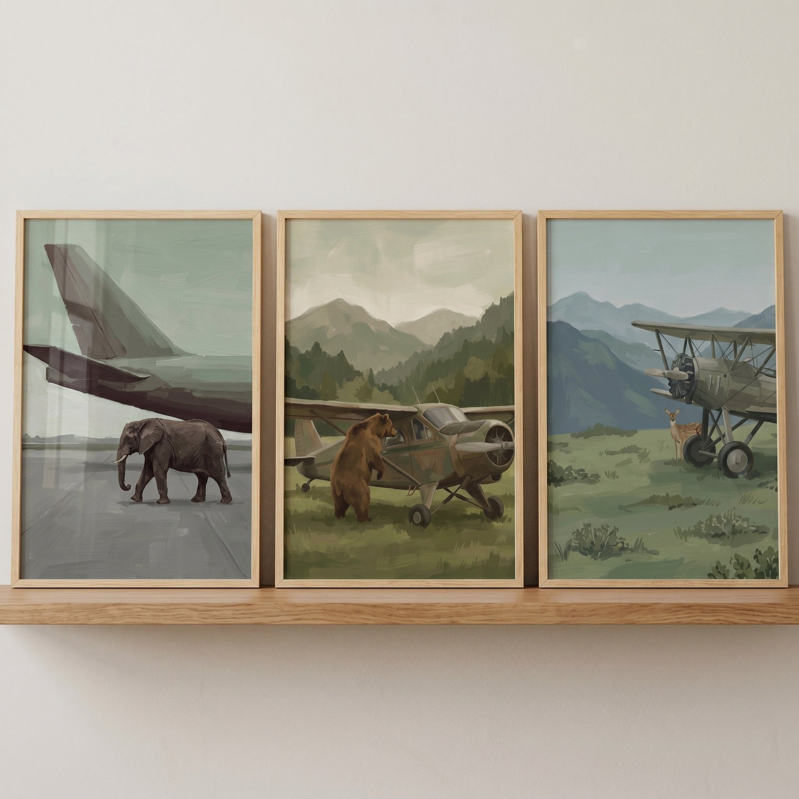 Vintage travel airplane animal wall art set of 3 featuring an elephant, bear, and deer alongside classic aircraft.
