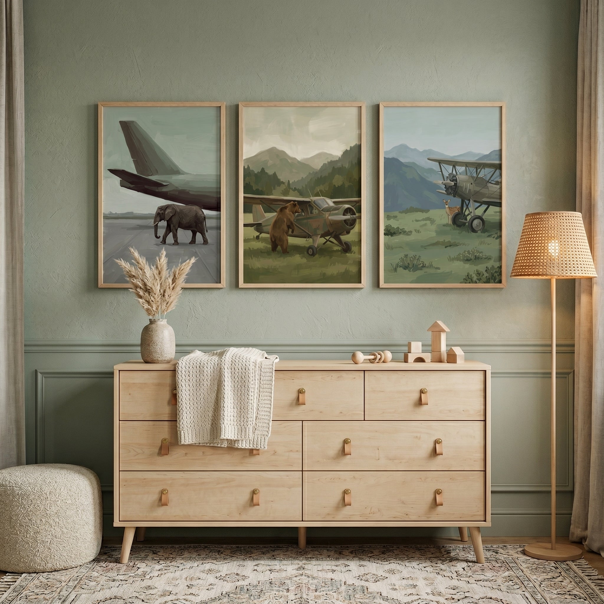 Vintage Travel Airplane Animal Wall Art Set of 3 - Wilderness Flight Path