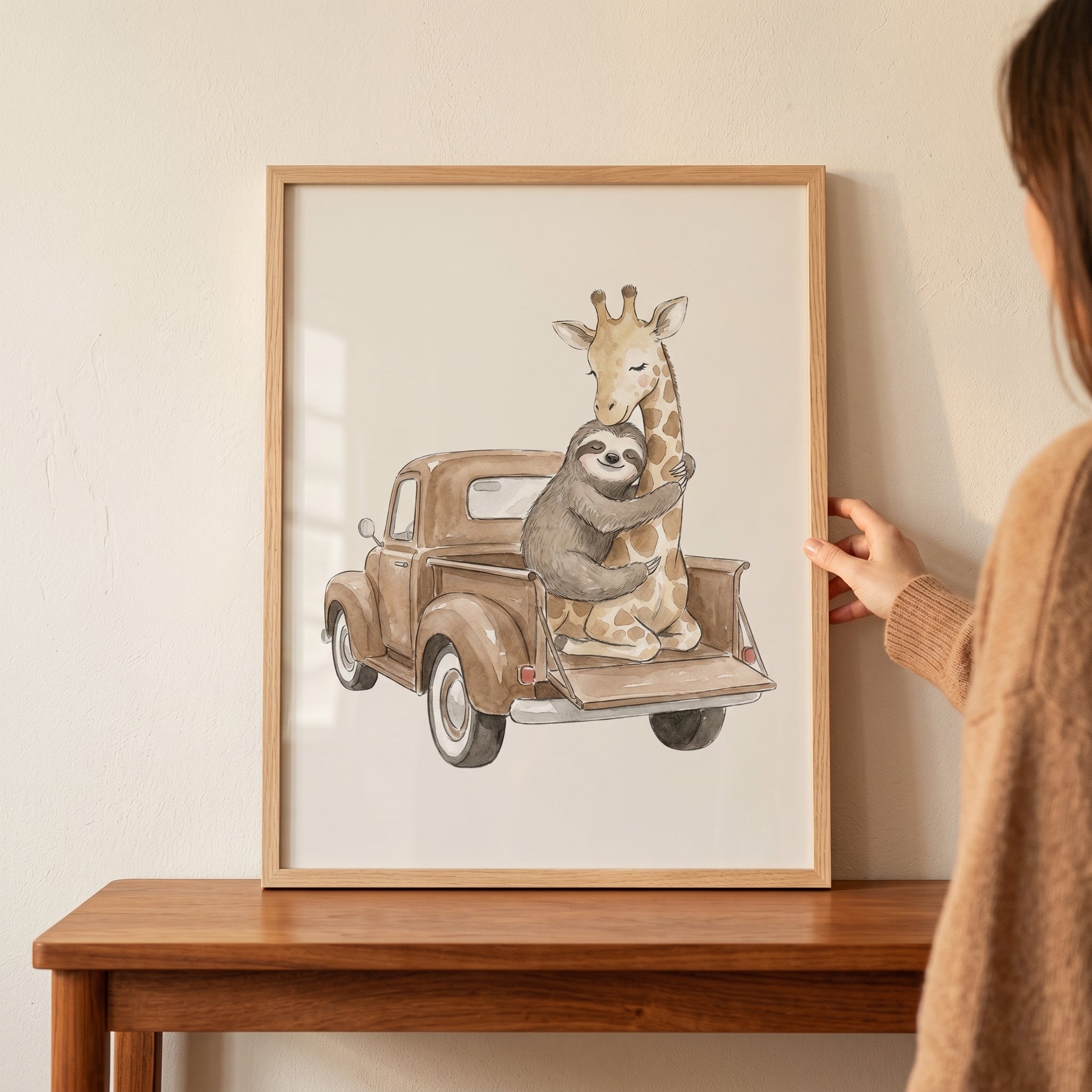 Vintage Truck Sloth Giraffe Wall Art - Cozy Road Trip